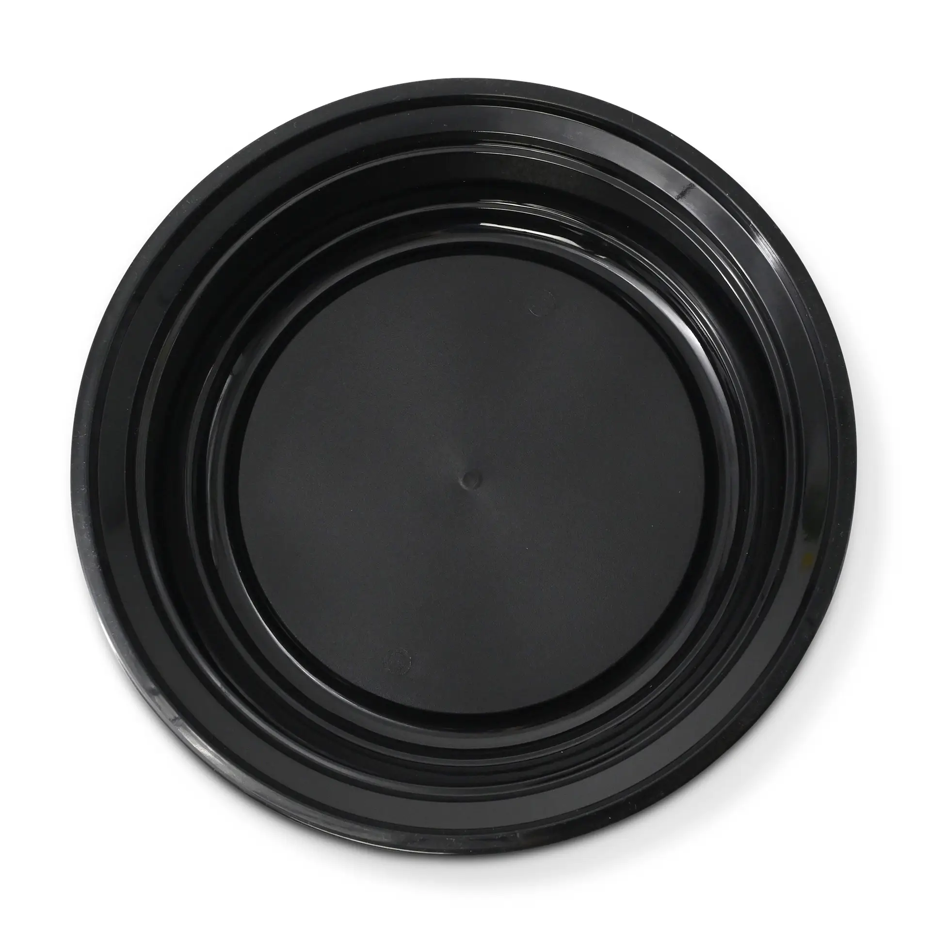 Reusable black plate made of PP, 1000 ml, round shape; designed for hot and cold dishes, microwave and dishwasher safe.