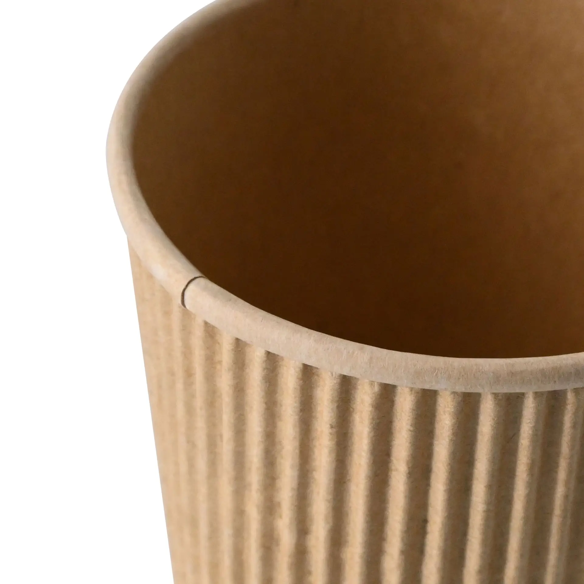 8 oz brown insulated coffee cup with ripple design; interior coated with PLA for hot drinks; biodegradable and FSC-certified.