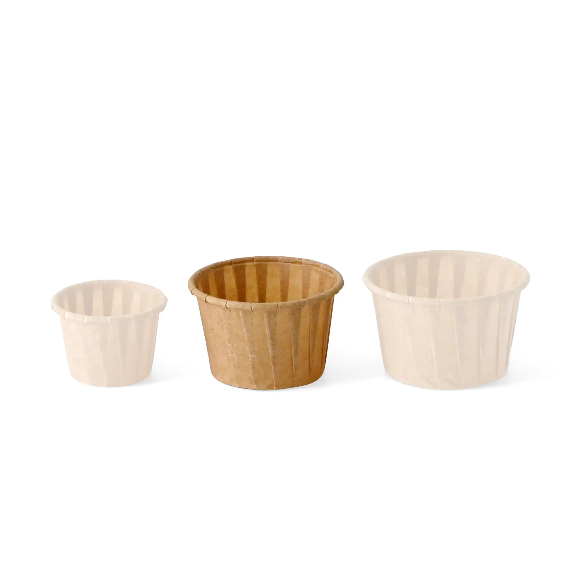 Three brown paper cups of varying sizes, designed for dips and sauces, made from biodegradable material.