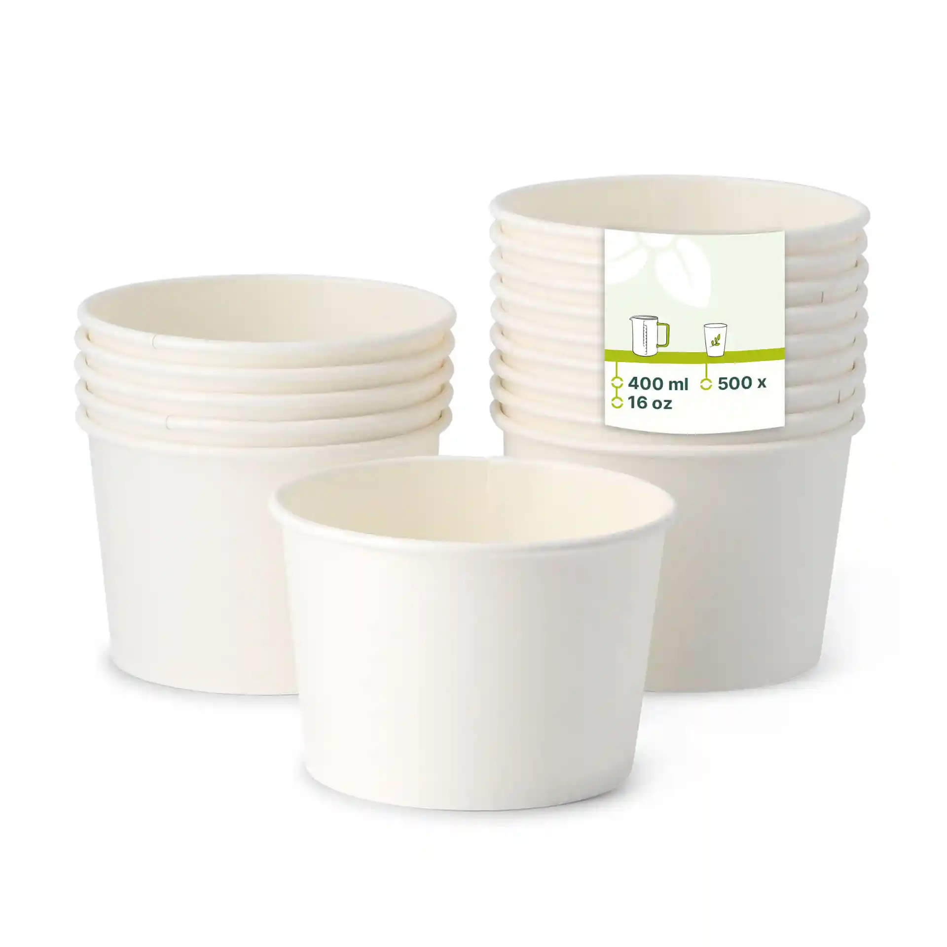 White round paper soup containers stacked, with a label showing volume and quantity details.