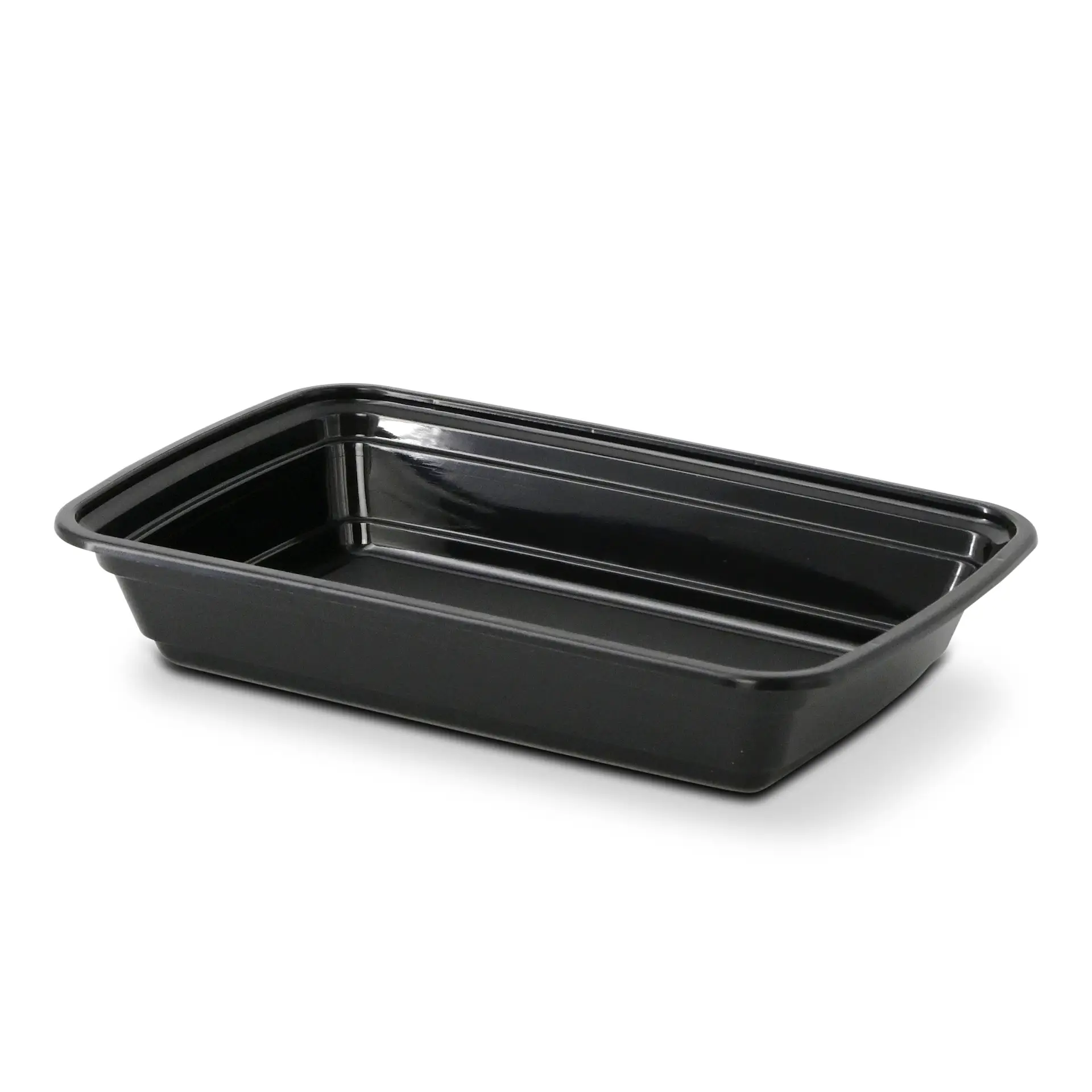 One black reusable food container, rectangular shape, made of polypropylene, suitable for hot and cold dishes.