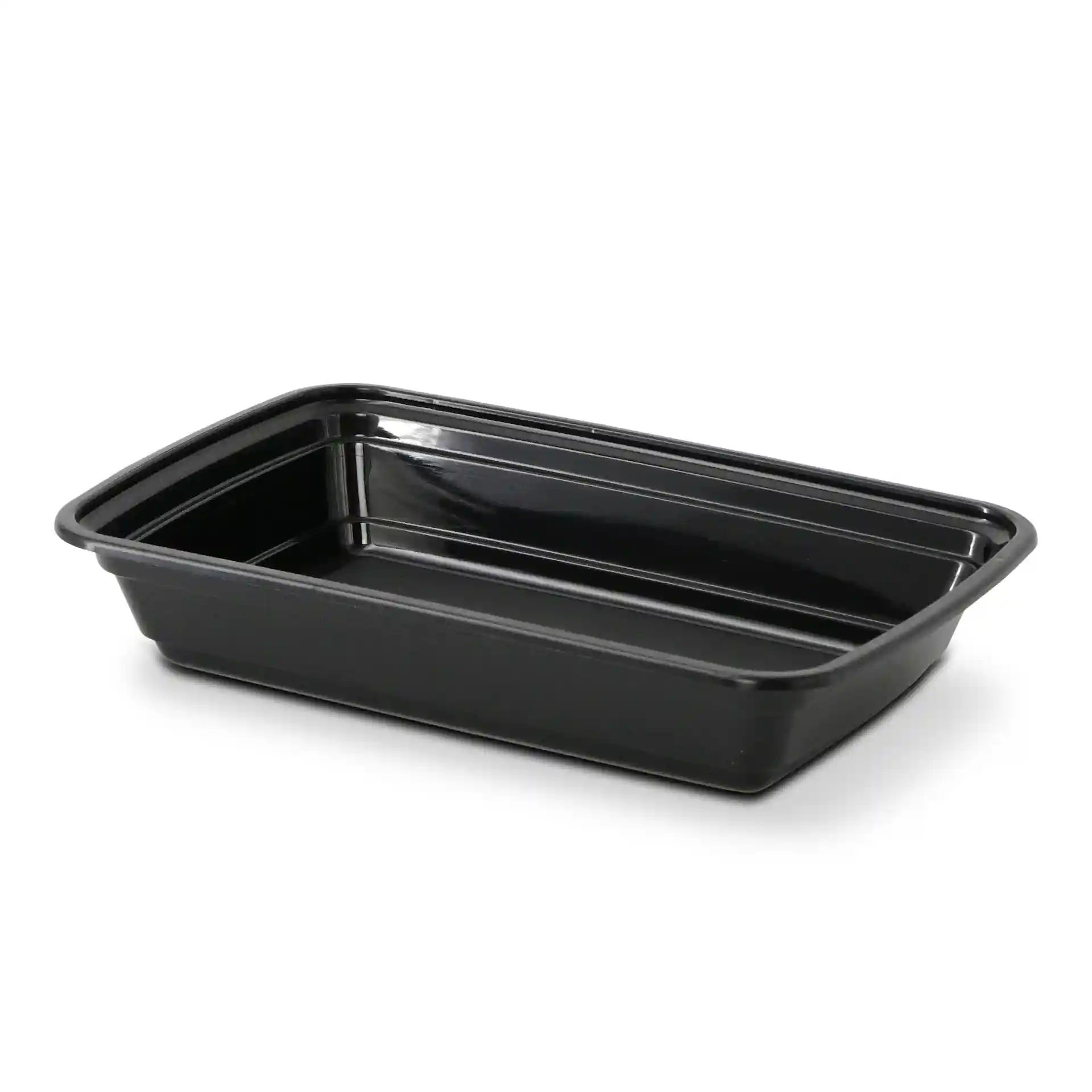 Black rectangular reusable container made of polypropylene, measuring 185 mm long, 125 mm wide, and 34 mm high.