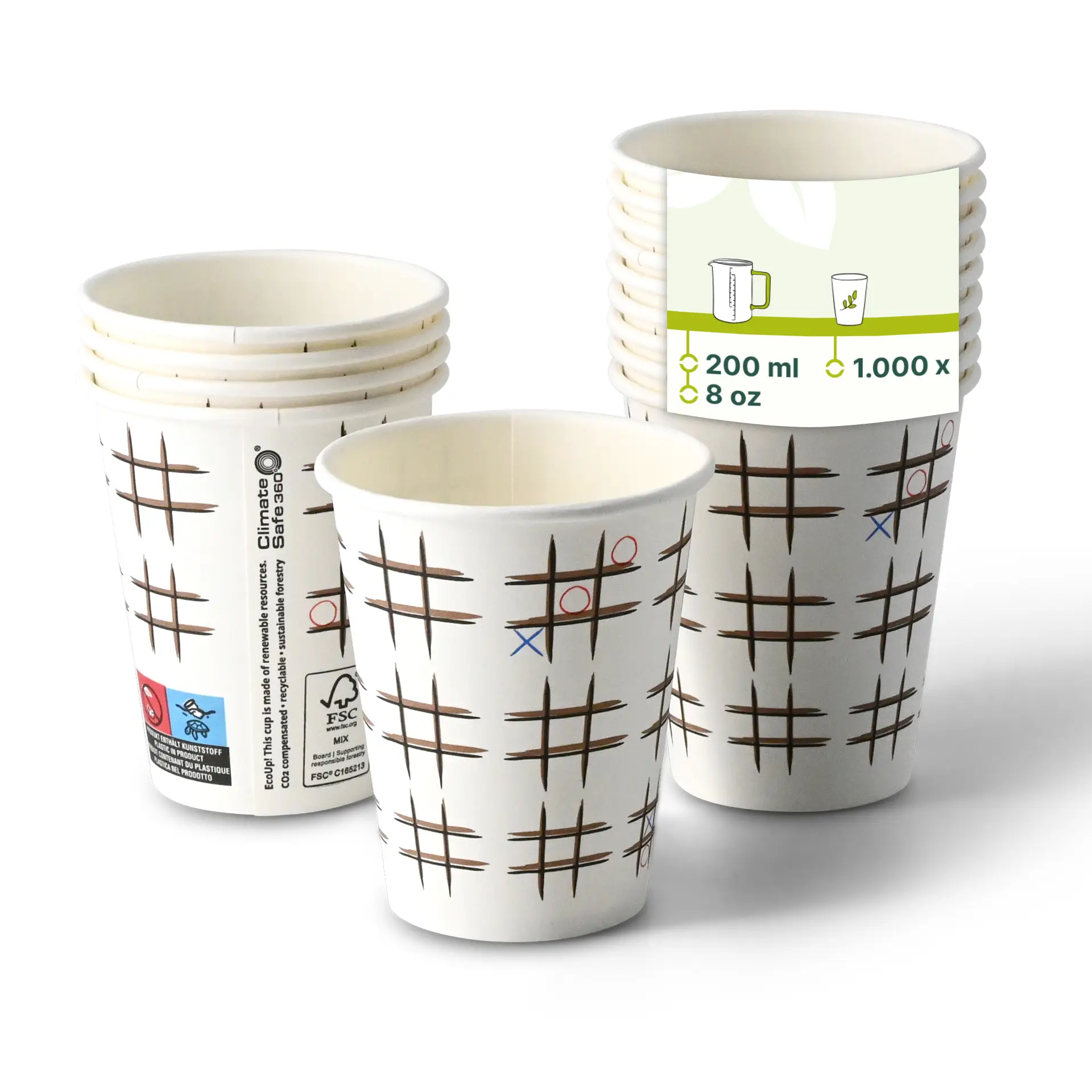 8 oz Paper cup printed with "Tic Tac Toe" (coated), Ø 80 mm, white con10030-01-0-pappbecher-bedruckt-tic-tac-toe-beschichtet-200-ml-8-oz-80-mm-weiss