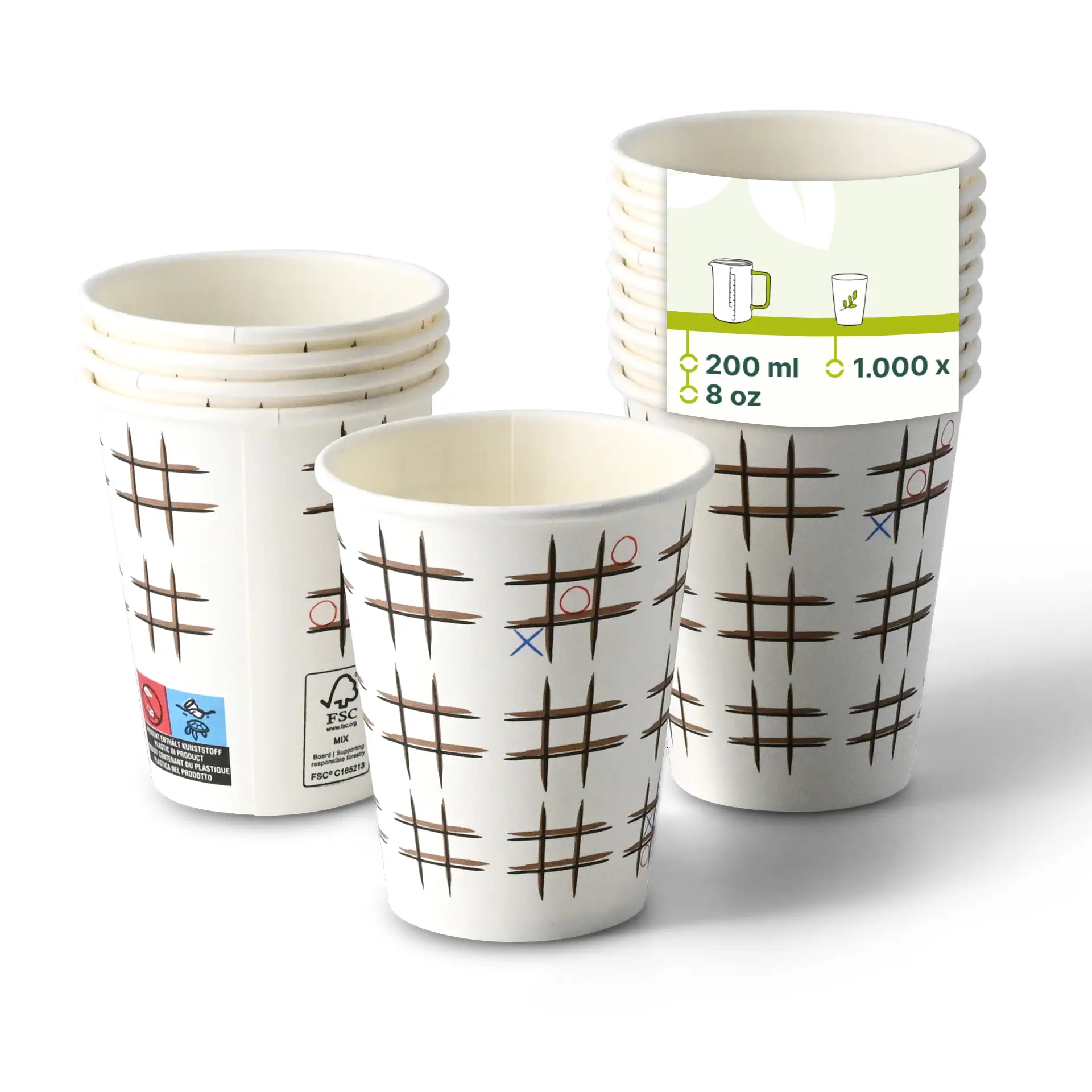 One white paper cup with a "Tic Tac Toe" print in focus; several similar cups shown behind with reduced opacity.