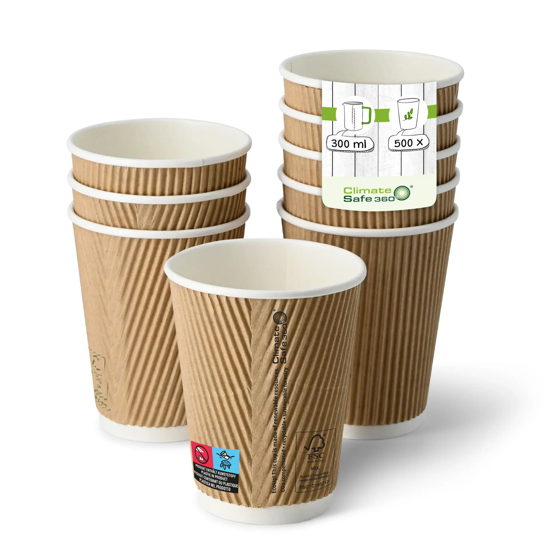 12 oz Take away coffee cups (coated) / Ripple cups, Ø 80 mm, brown, inner white con10026-01-0-riffelbecher-beschichtet-coffee-to-go-becher-300-ml-12-oz-90-mm-braun-innen-weiss