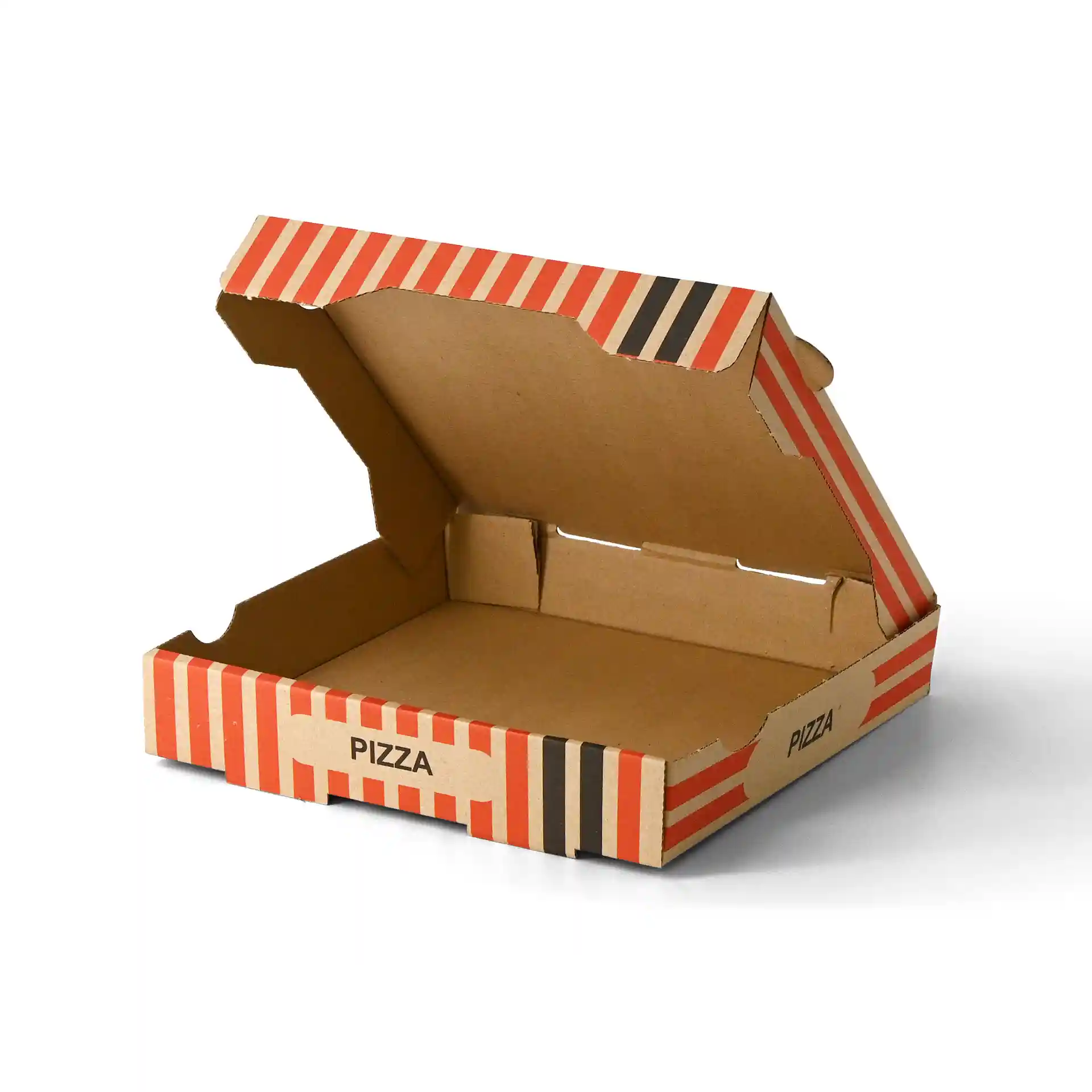 Brown pizza box with a pizza chef design, measuring 26 x 26 x 4 cm, shown open.