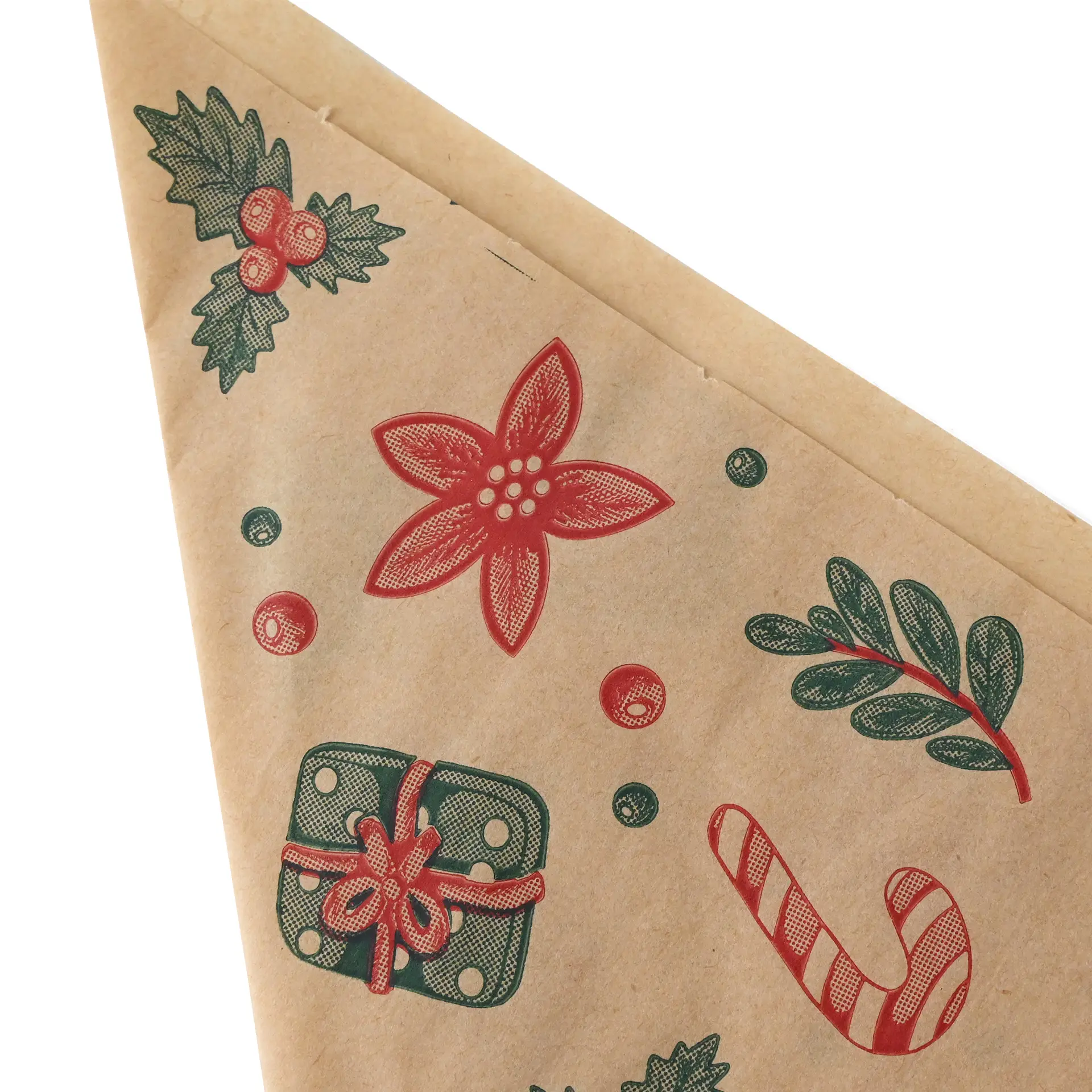 Brown greaseproof bag with winter-themed design, featuring red flowers, green leaves, and candy canes.
