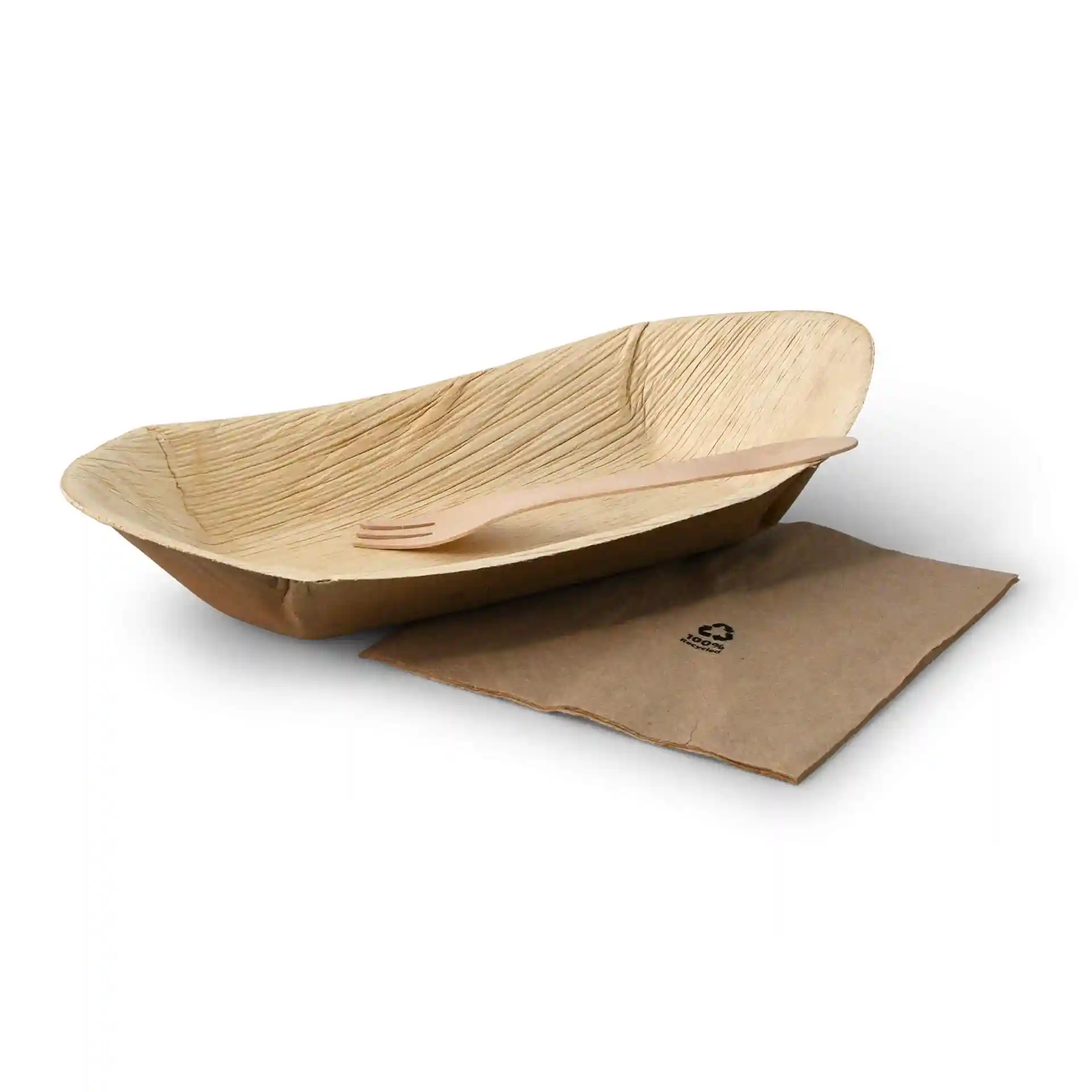 Deep palm leaf boat with a wooden fork and a brown napkin, featuring a textured grain surface.