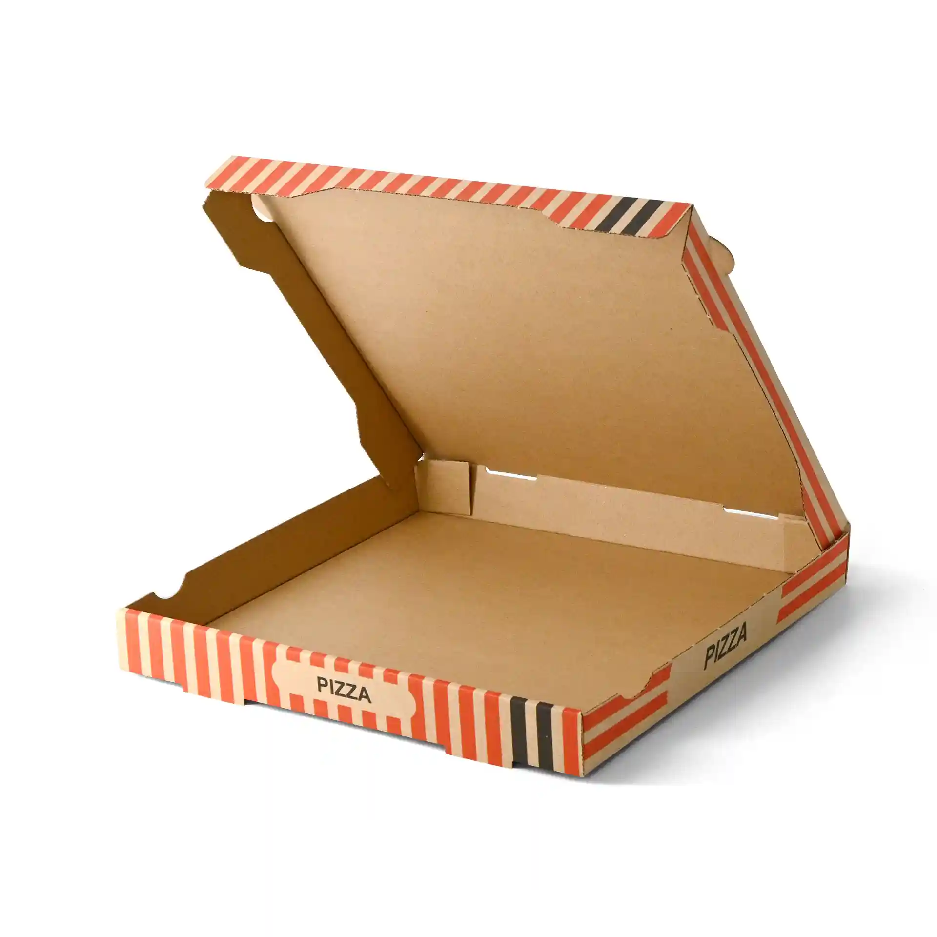 Brown pizza box with a pizza chef design, measuring 32 x 32 x 4 cm, shown open.