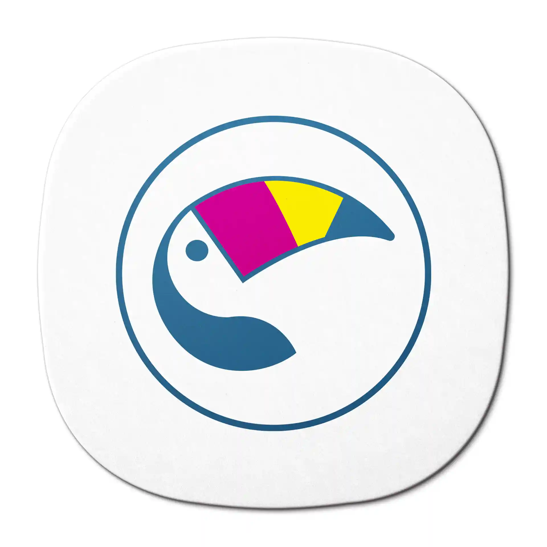 Logo of a toucan with a colorful beak in a circular design on a white background.