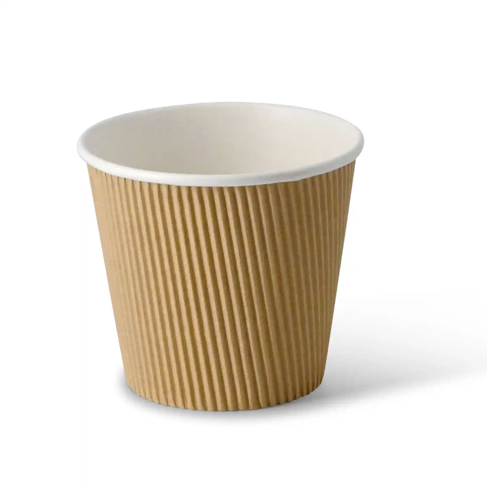 Brown ribbed cardboard soup cup with a white interior, 19 oz capacity, round shape, and eco-friendly coating.