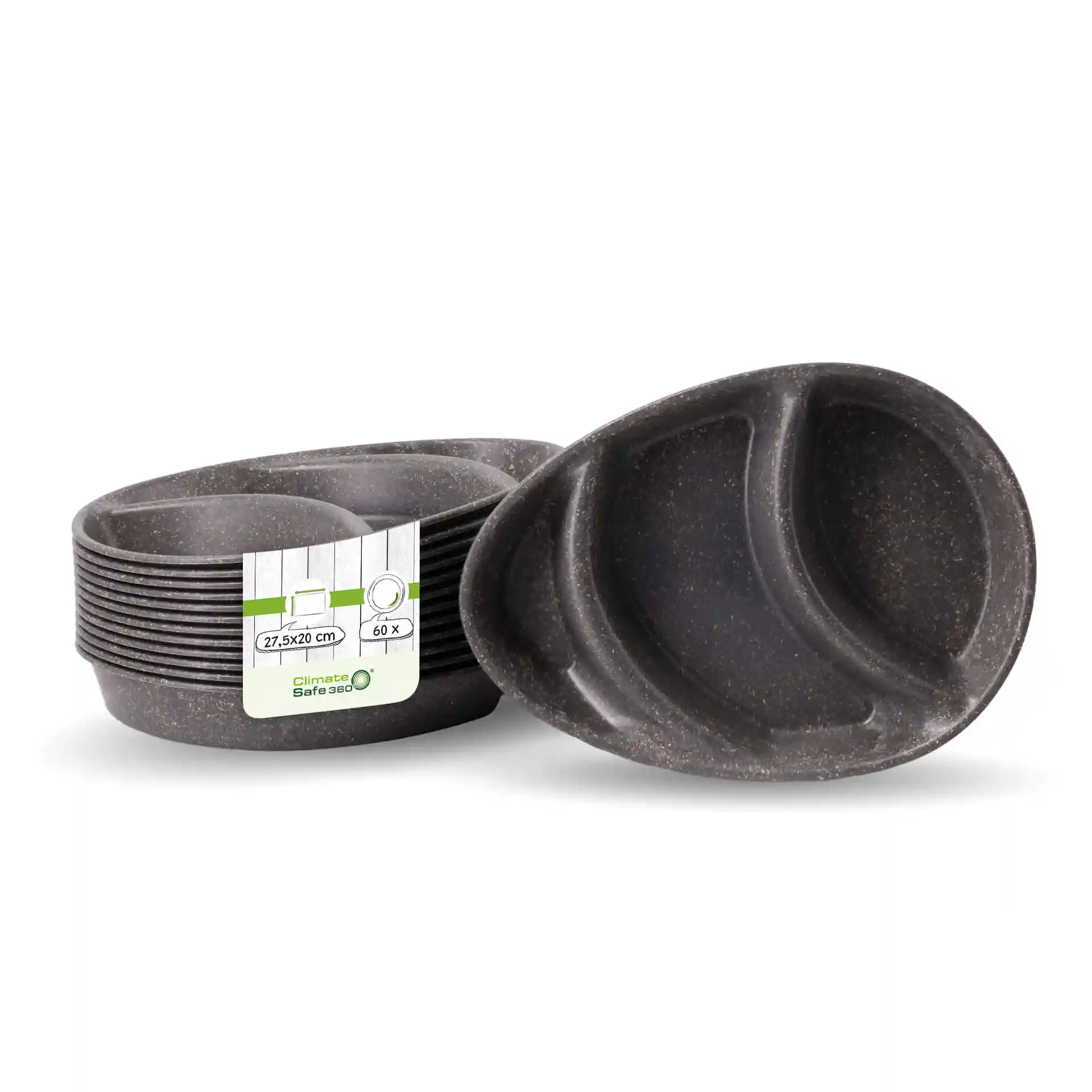 Reusable divided plates in grey with three compartments, measuring 27.5 × 20 cm, stacked with one plate on its side.