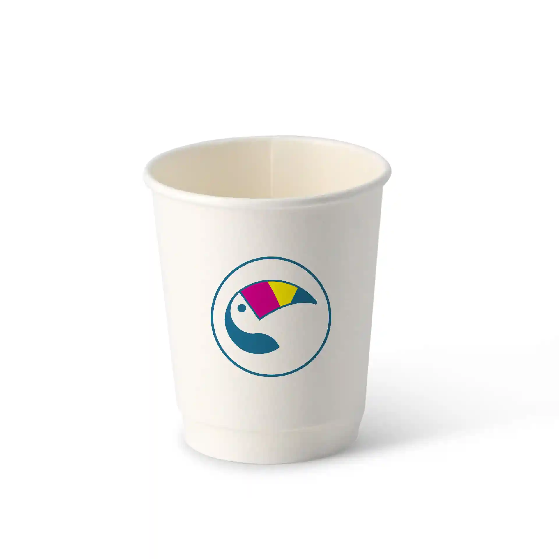 White double-walled paper cup with a circular logo featuring a colorful toucan design.