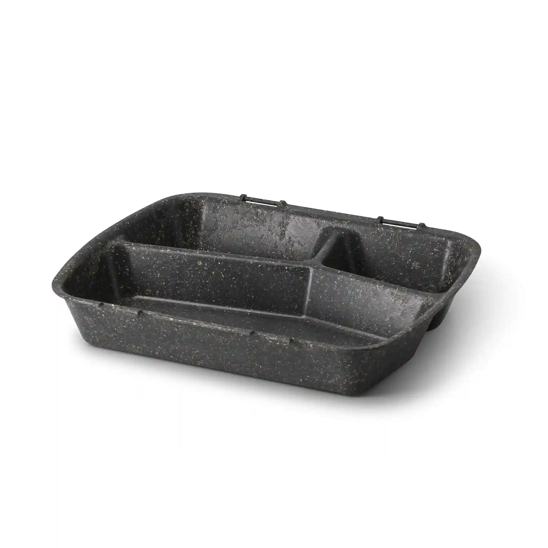 Reusable meal container with three compartments, grey color, dimensions 24.5 x 20 x 4.5 cm.