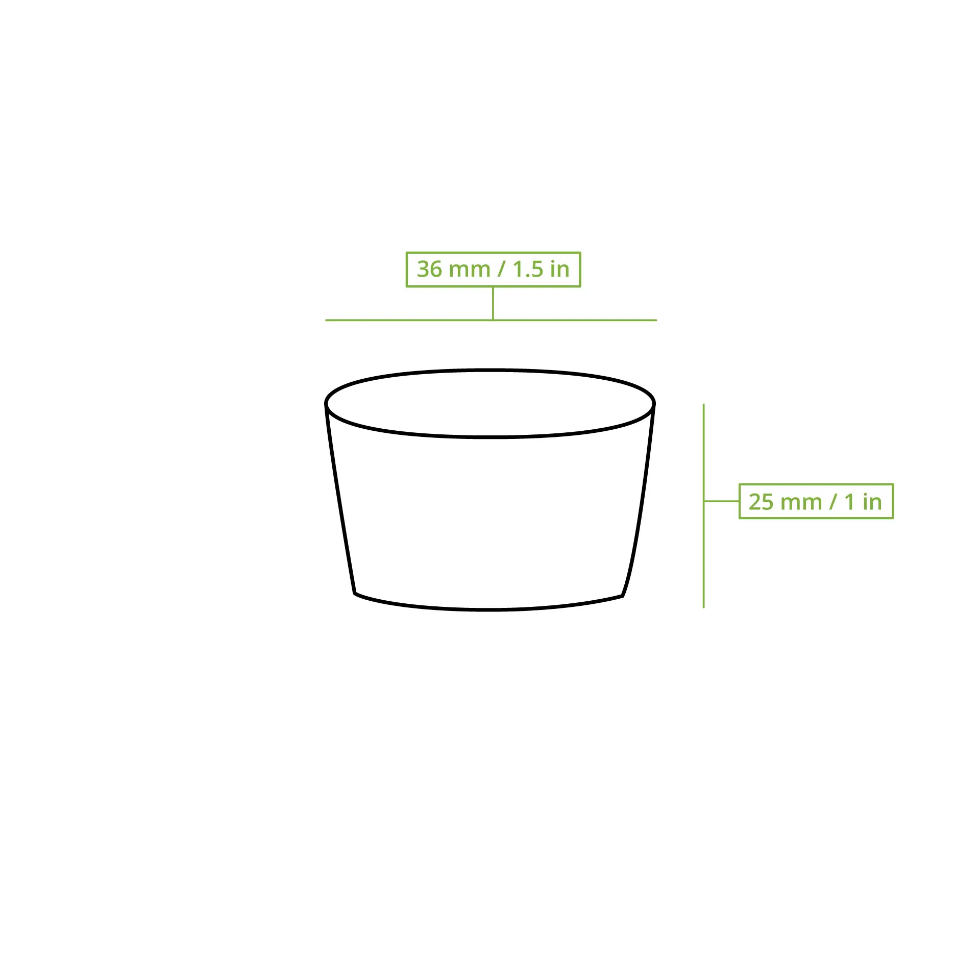Illustration of a brown paper cup, 36 mm diameter and 25 mm height, suitable for small portions like dips and sauces.