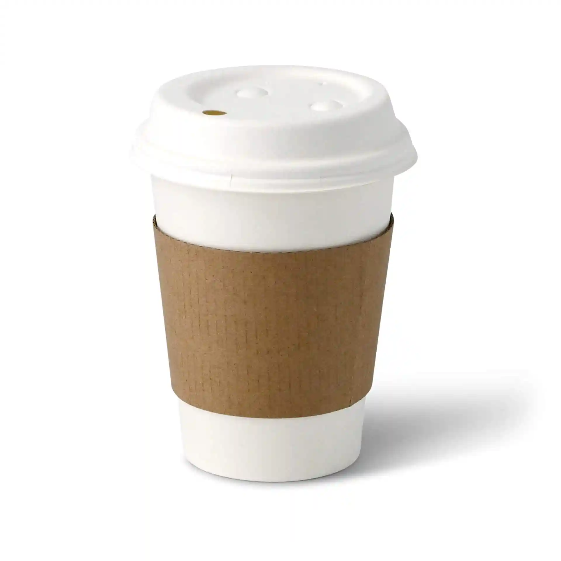 Brown cardboard cup sleeve for 300/400/500 ml paper cups, with a white paper cup and lid.