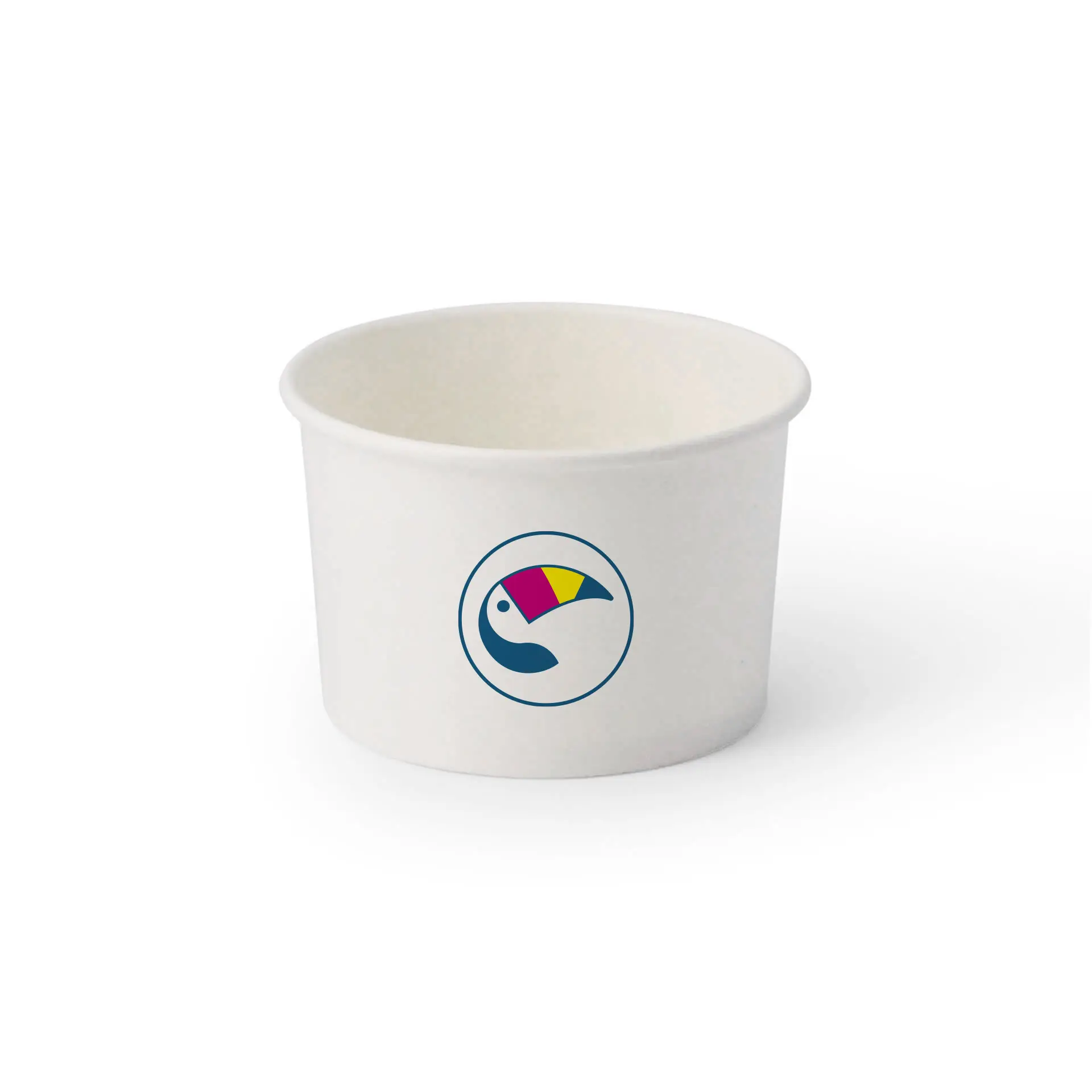 One white ice cream cup featuring a colorful logo on the front; cup has no lid and shows a smooth finish.