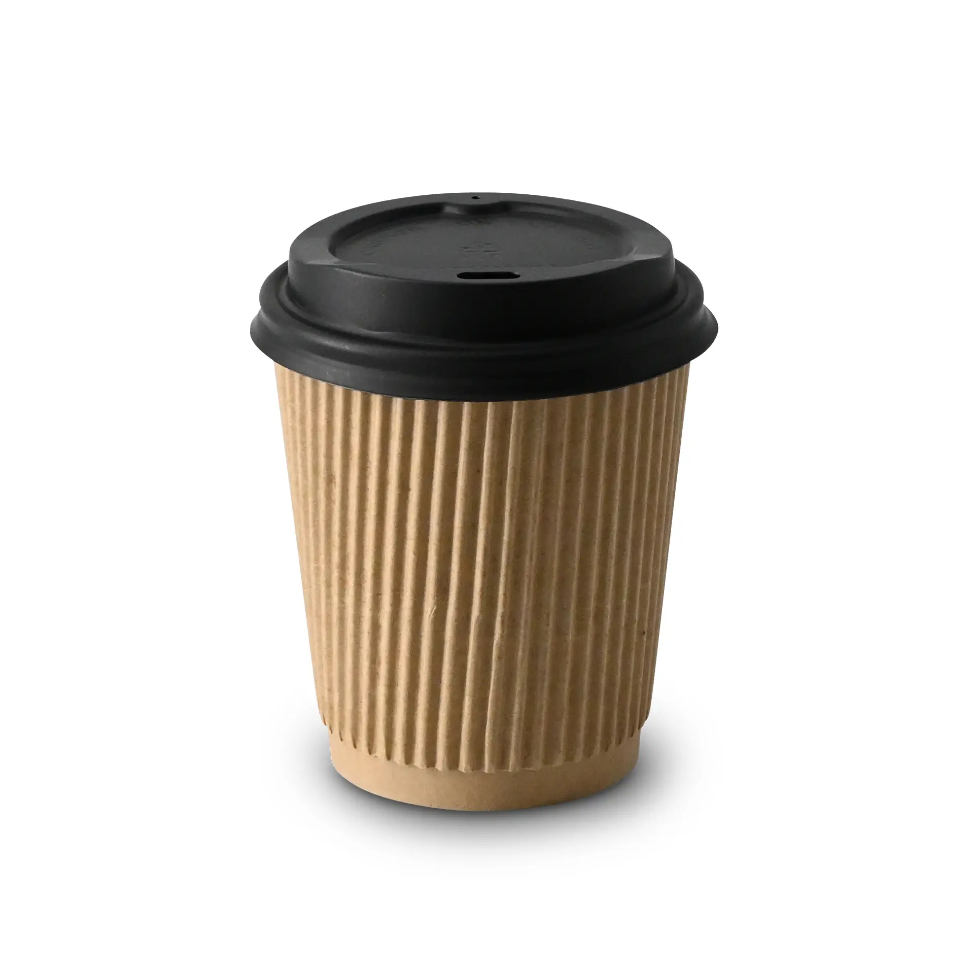 An 8 oz insulated ribbed coffee cup with a black lid, made from triple-layer kraft paperboard with PLA coating.