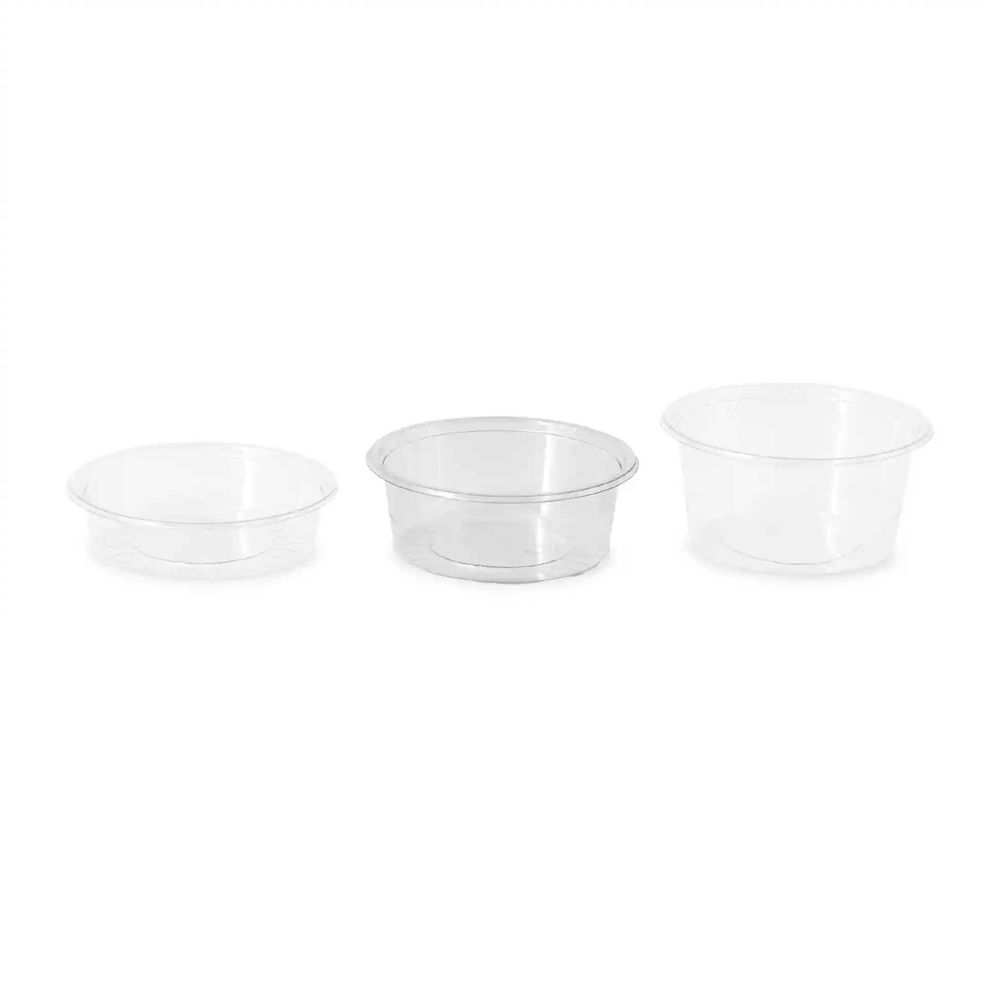 Three clear rPET dip pots of varying sizes, with diameters of 75 mm and heights of 26 mm.