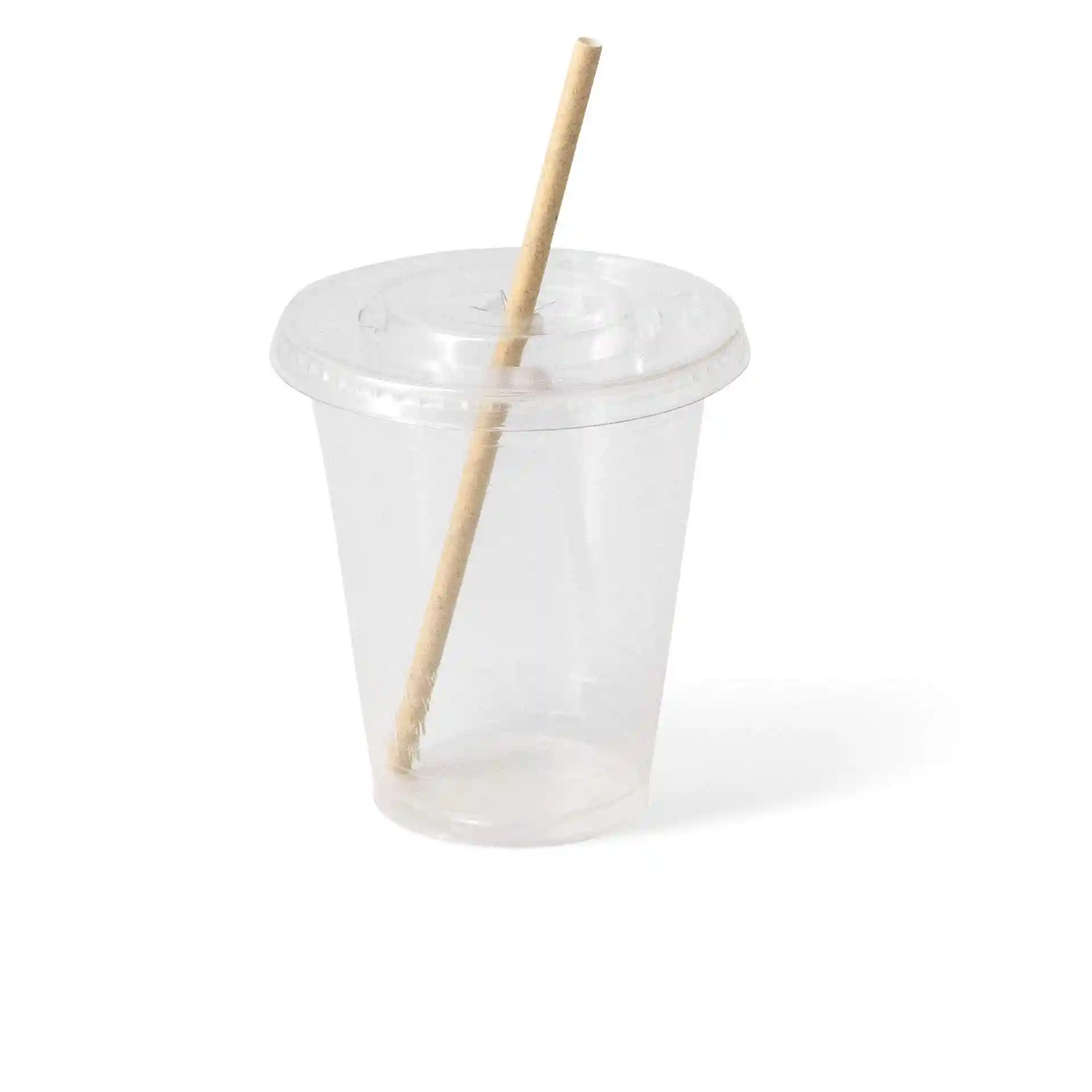 Transparent 12 oz plastic cup with a paper straw, featuring a diameter of 95 mm and a height of 106 mm.