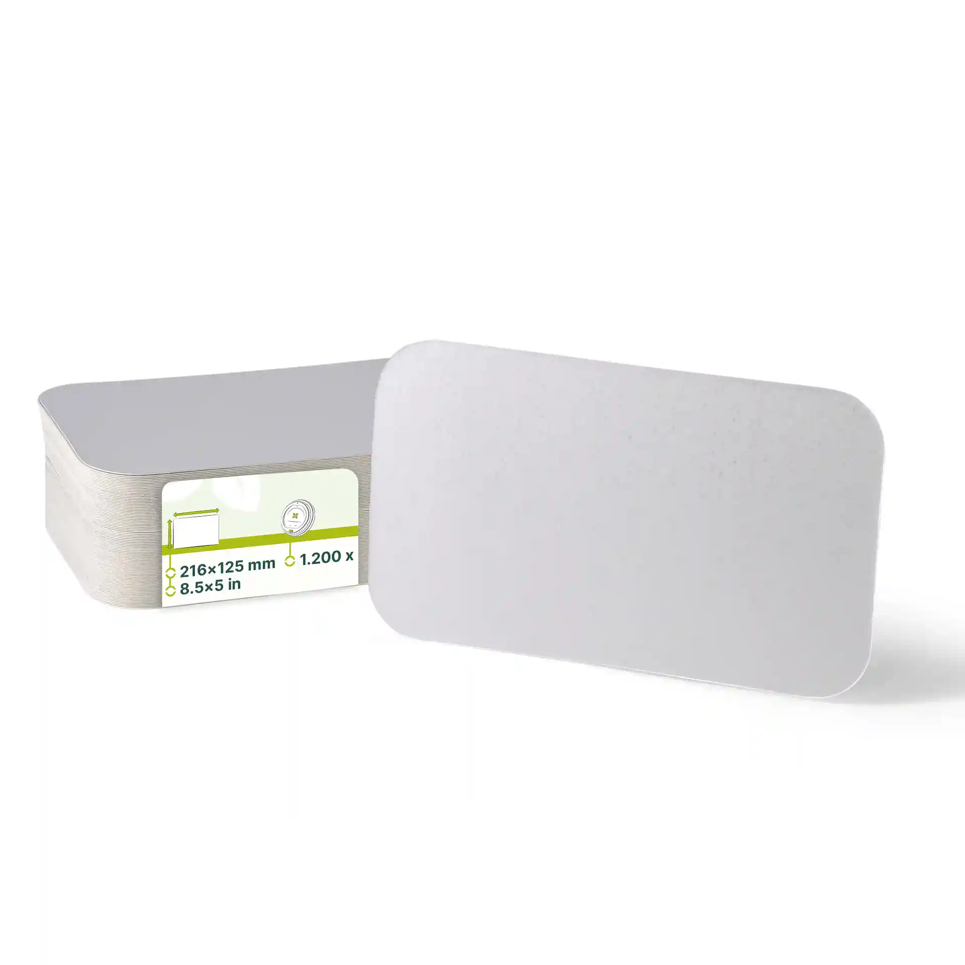 Rectangular aluminium cardboard lid for a 650 ml container, measuring 216 mm by 125 mm.