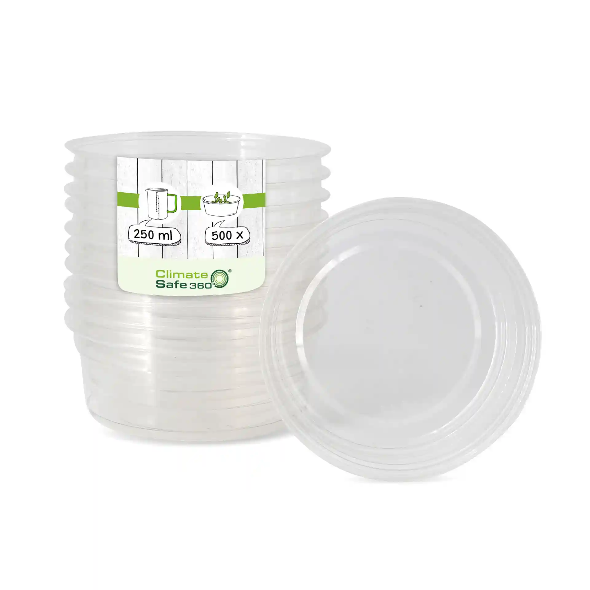 Transparent round deli container with a 250 ml capacity, featuring a diameter of 117 mm and a height of 43 mm.
