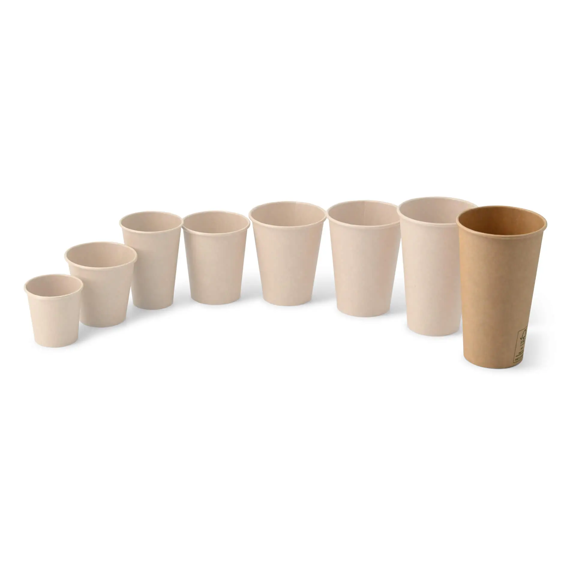 Set of single-wall paper cups in various sizes, including a brown PLA-coated cup, suitable for hot and cold drinks.