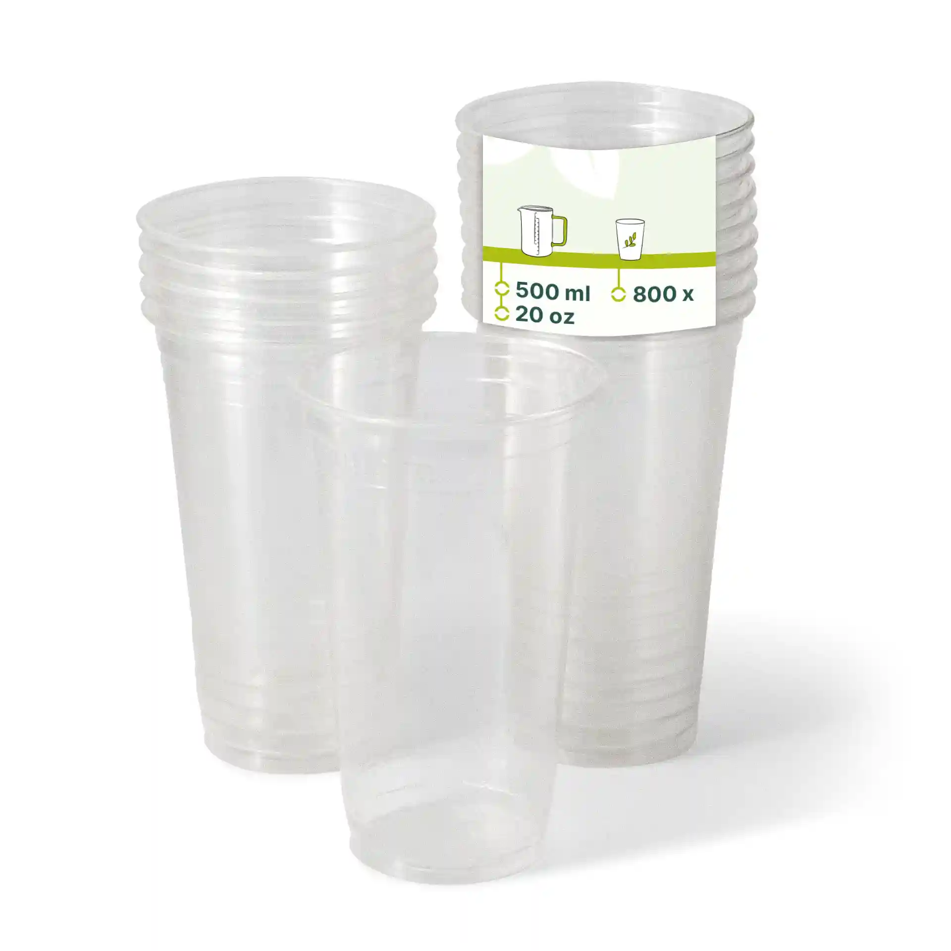 Transparent plastic cups stacked, with a label showing capacity of 500 ml and quantity of 800 cups.
