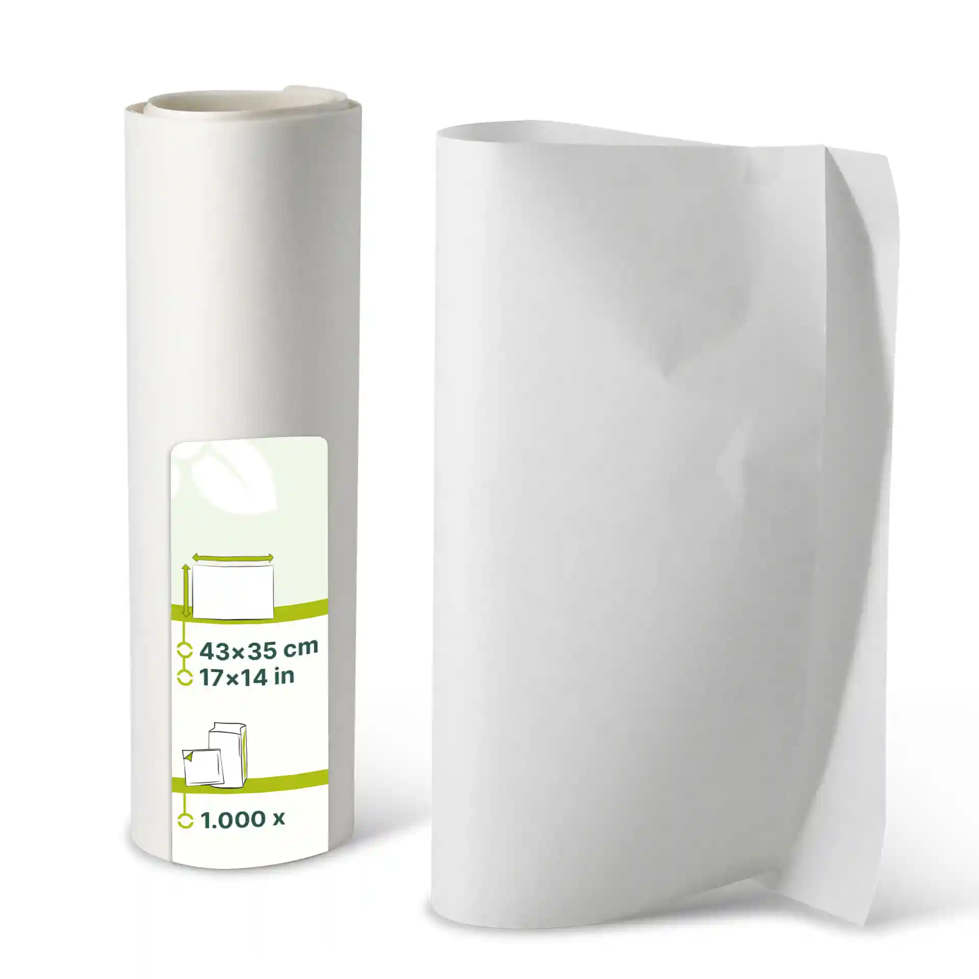 White wrapping paper sheets rolled, dimensions 43 x 35 cm, with a partially unrolled sheet beside the roll.