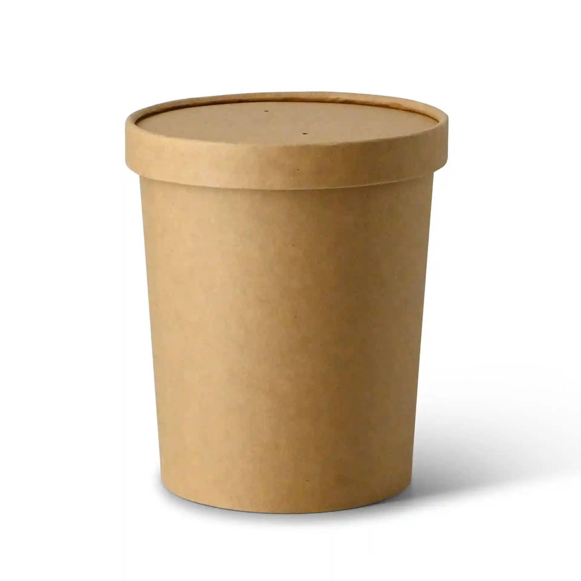 Brown cardboard soup cup with a round shape and a lid, measuring 130 mm in height and 115 mm in diameter.