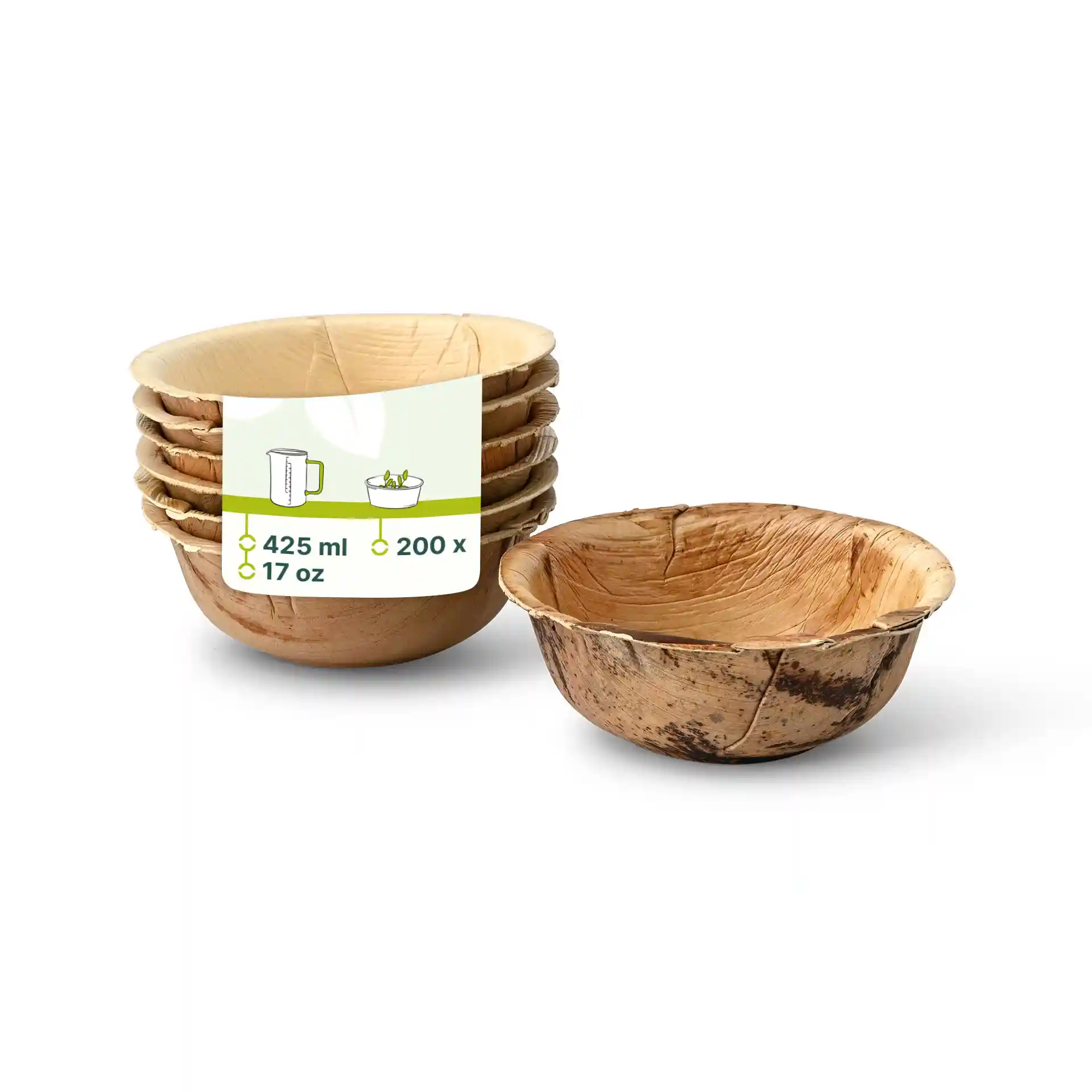 Set of palm leaf bowls with a round shape, 425 ml capacity, showing one bowl in front and several stacked behind.