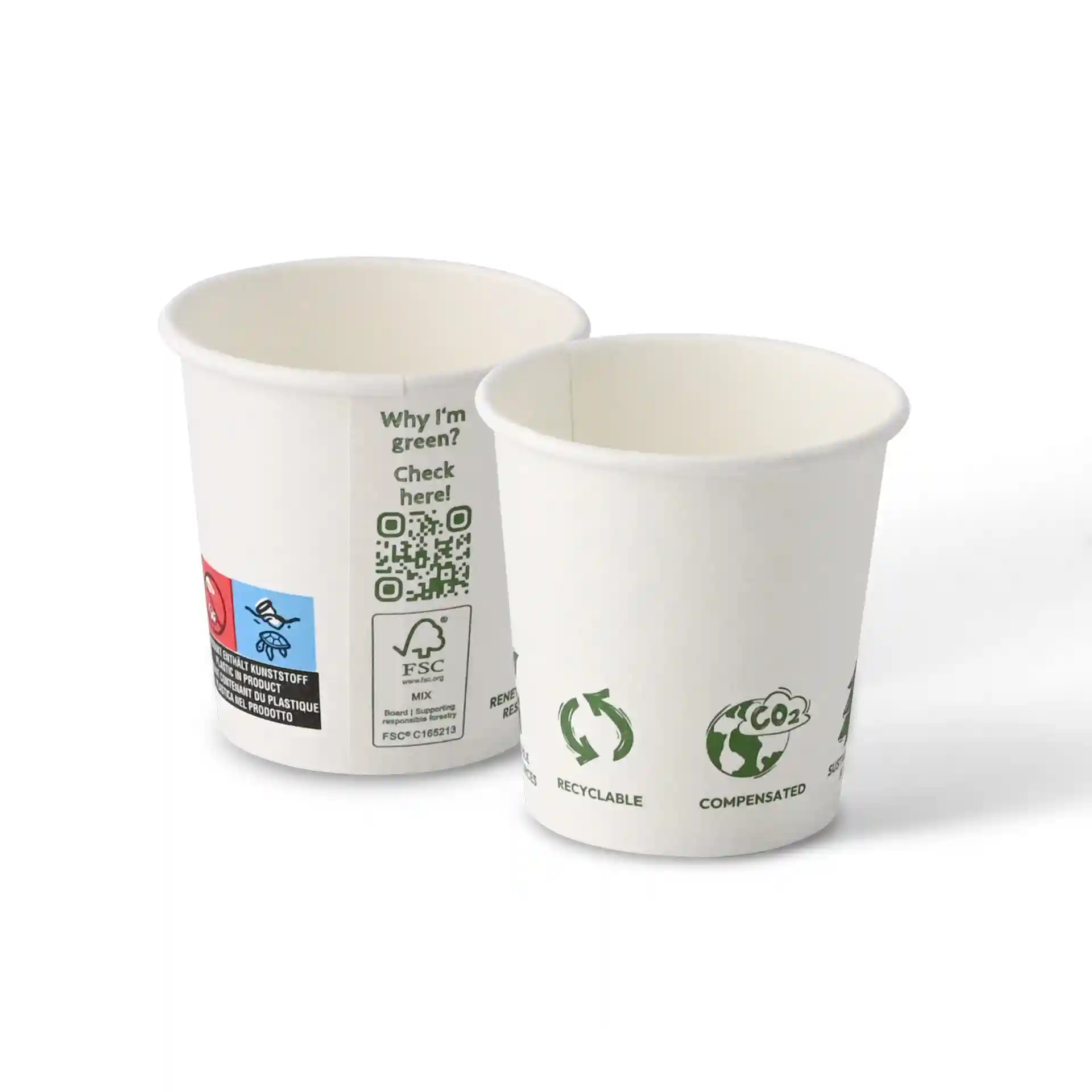 White paper cup, 100 ml, with a diameter of 62 mm, featuring various eco-related icons on the surface.