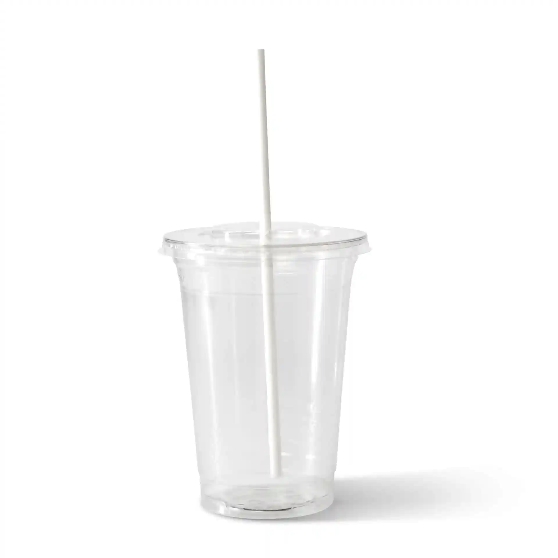 Clear plastic cup with a white paper straw, featuring a lid and a smooth surface.