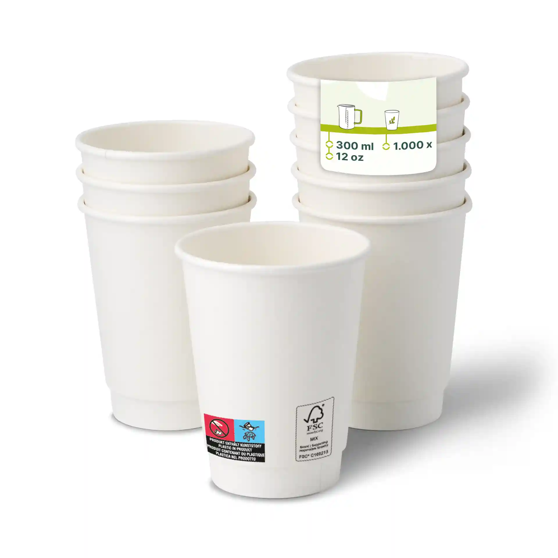 White double-walled cardboard coffee cups stacked, with one cup in front showing a label with volume and quantity details.