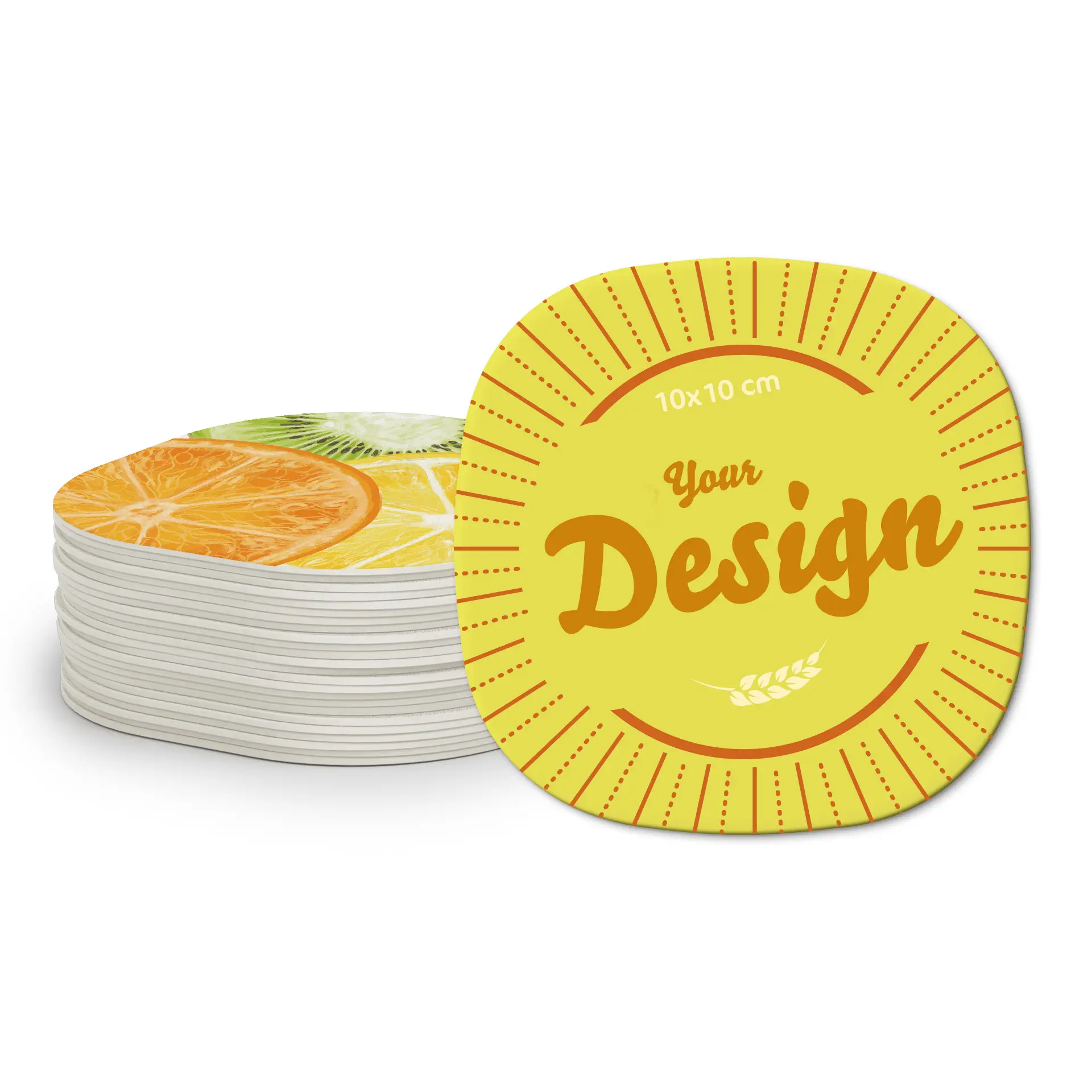 Stack of printed beer coasters, 10x10 cm, featuring colorful fruit designs and a customizable yellow label with the text "Your Design".