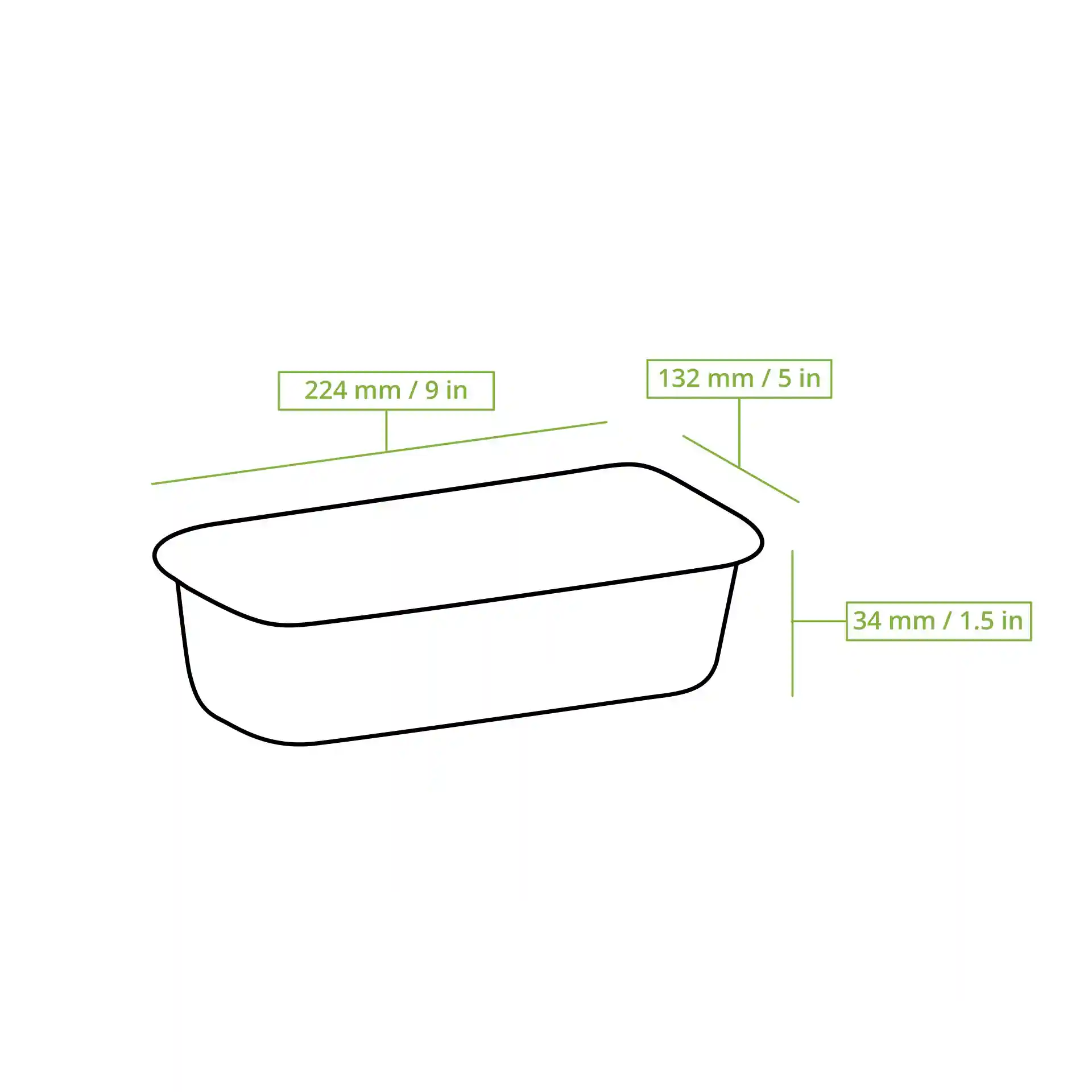 Schematic drawing of a rectangular aluminium container with dimensions 224 mm x 132 mm x 34 mm.