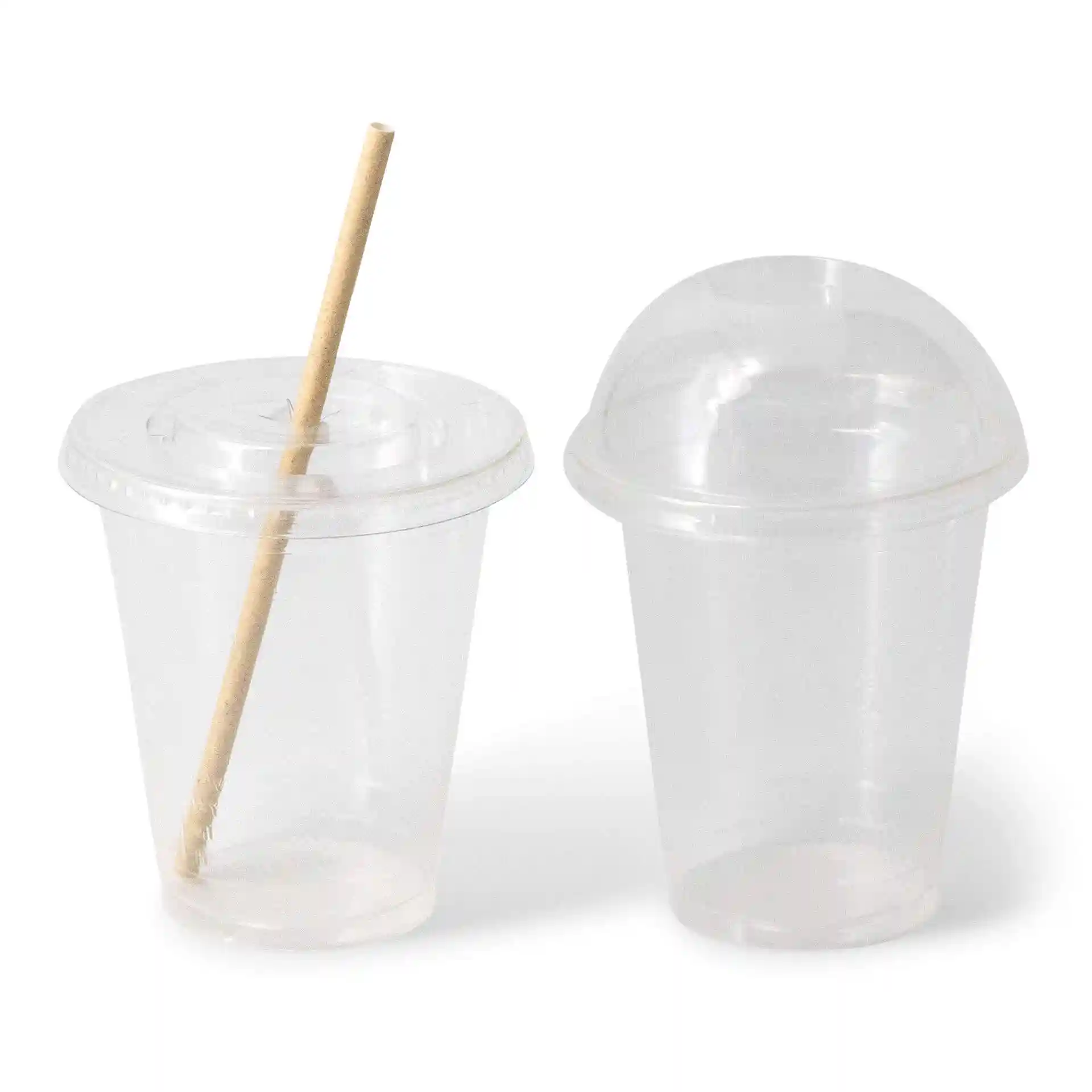 Transparent 12 oz plastic cups with a straw, one with a flat lid and one with a dome lid, on a white background.