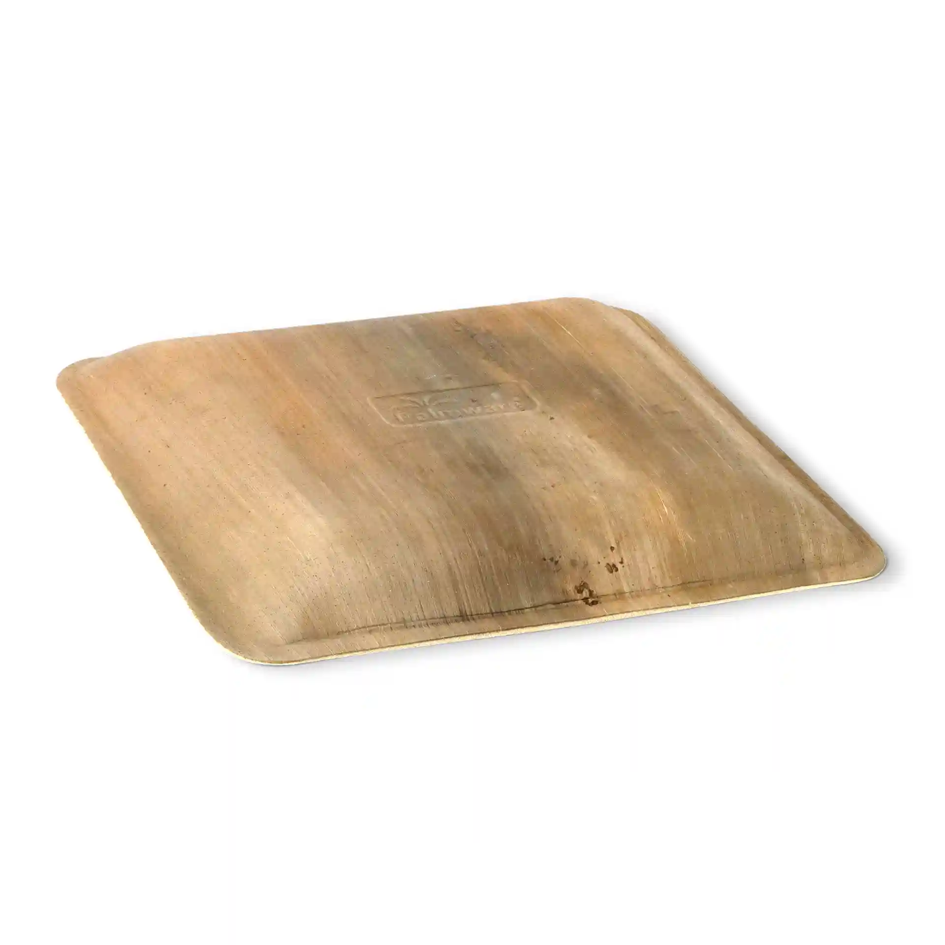 Square palm leaf plate with a natural grain finish, measuring 23 x 23 cm and 2.4 cm in height.