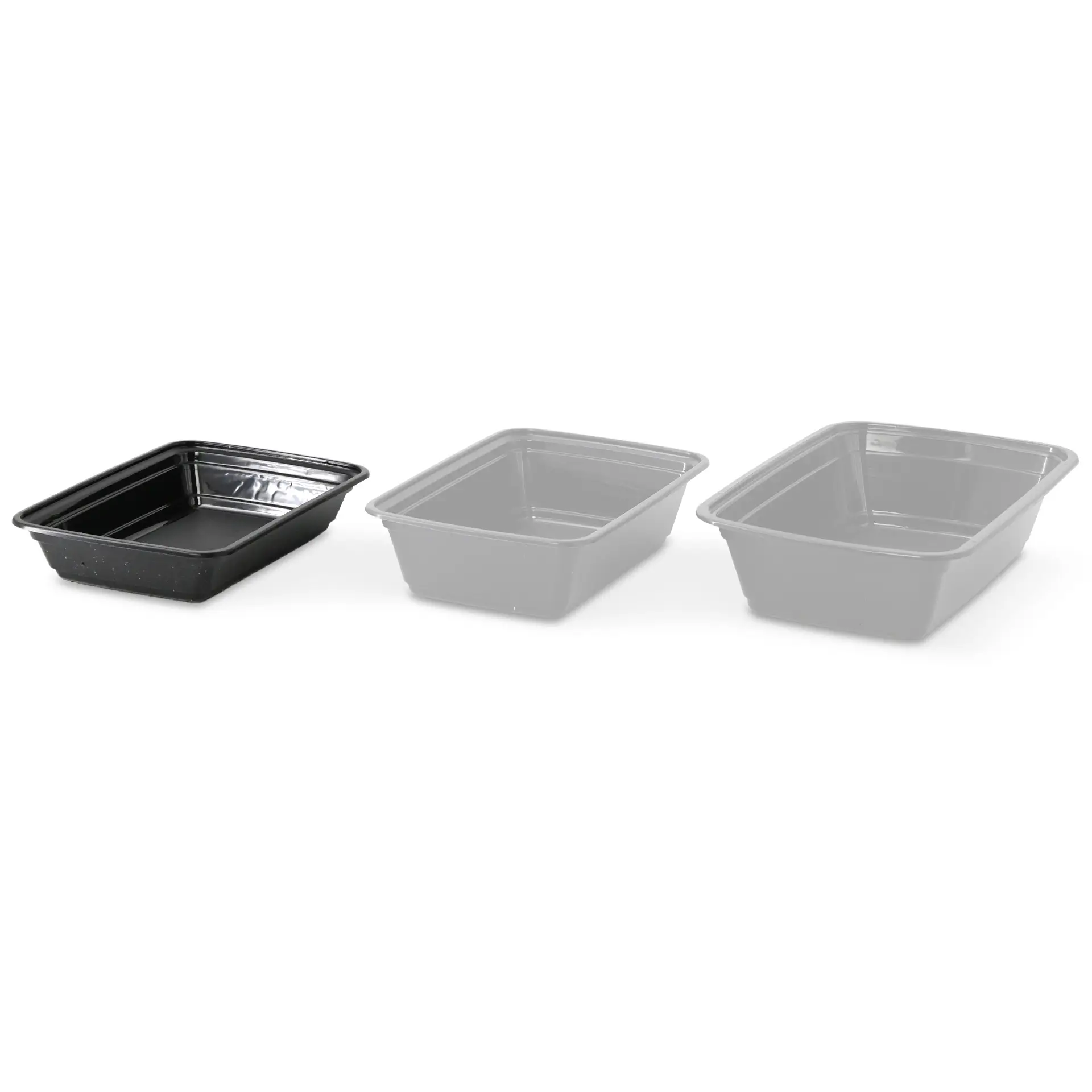 One black rectangular reusable food container with two similar transparent containers behind it, all stacked.