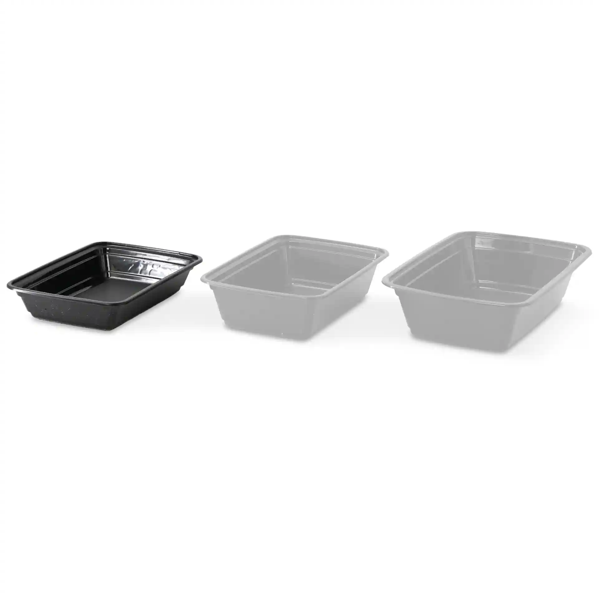 Three rectangular reusable containers in black, with the left one fully opaque and the others appearing faded.