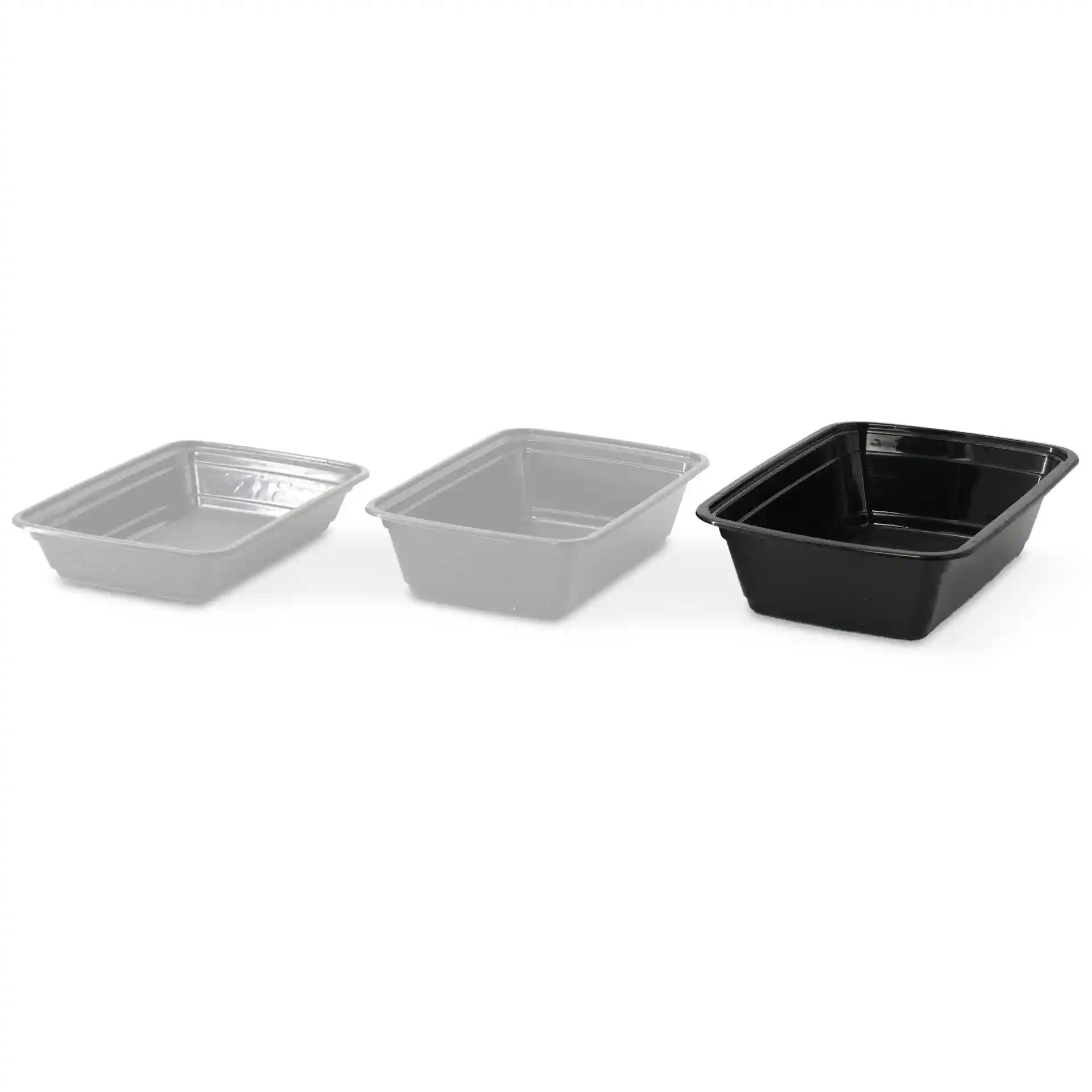 Image of three rectangular reusable containers: one clear, one grey, and one black, all made of plastic.