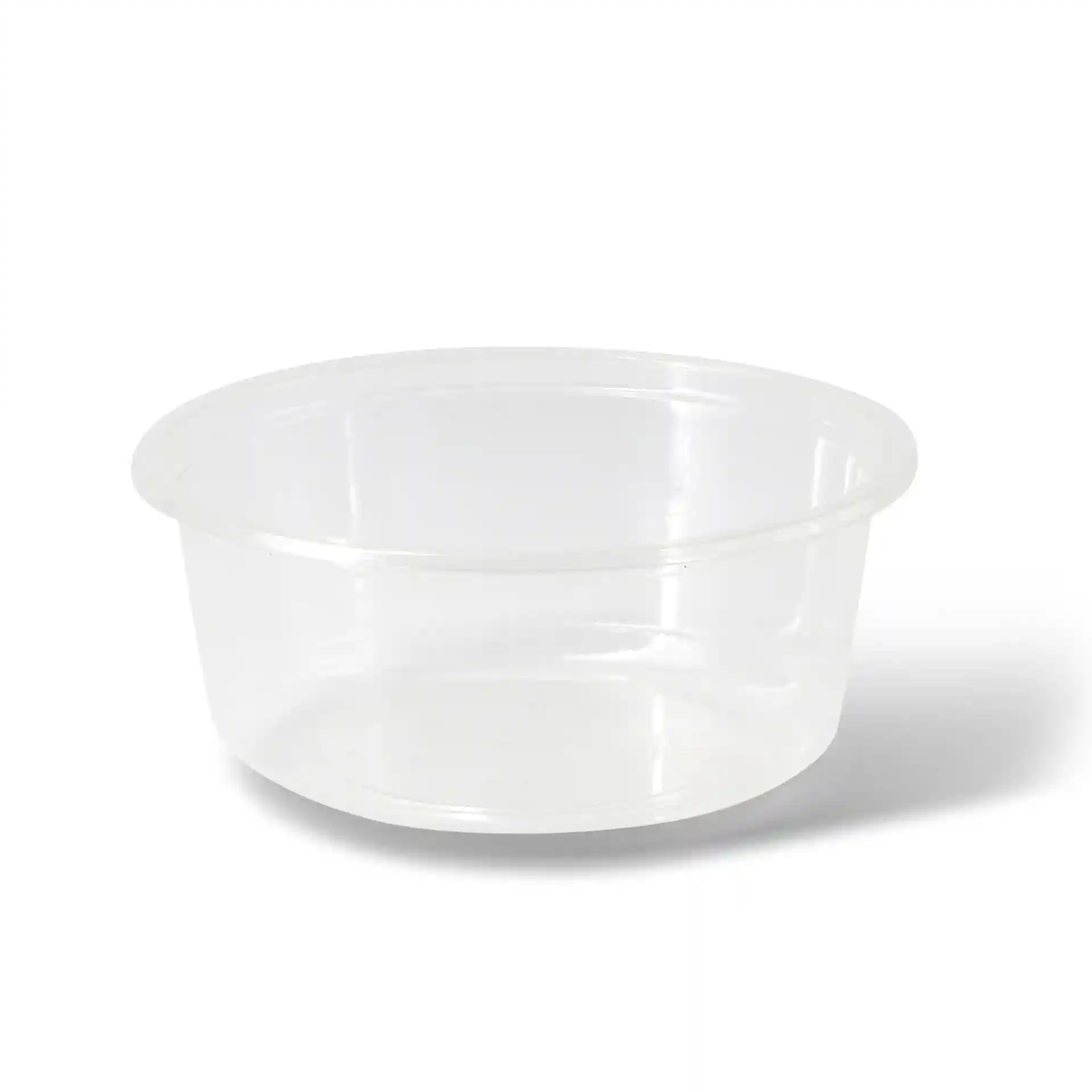 Transparent round deli container with a diameter of 121 mm and a height of 50 mm.