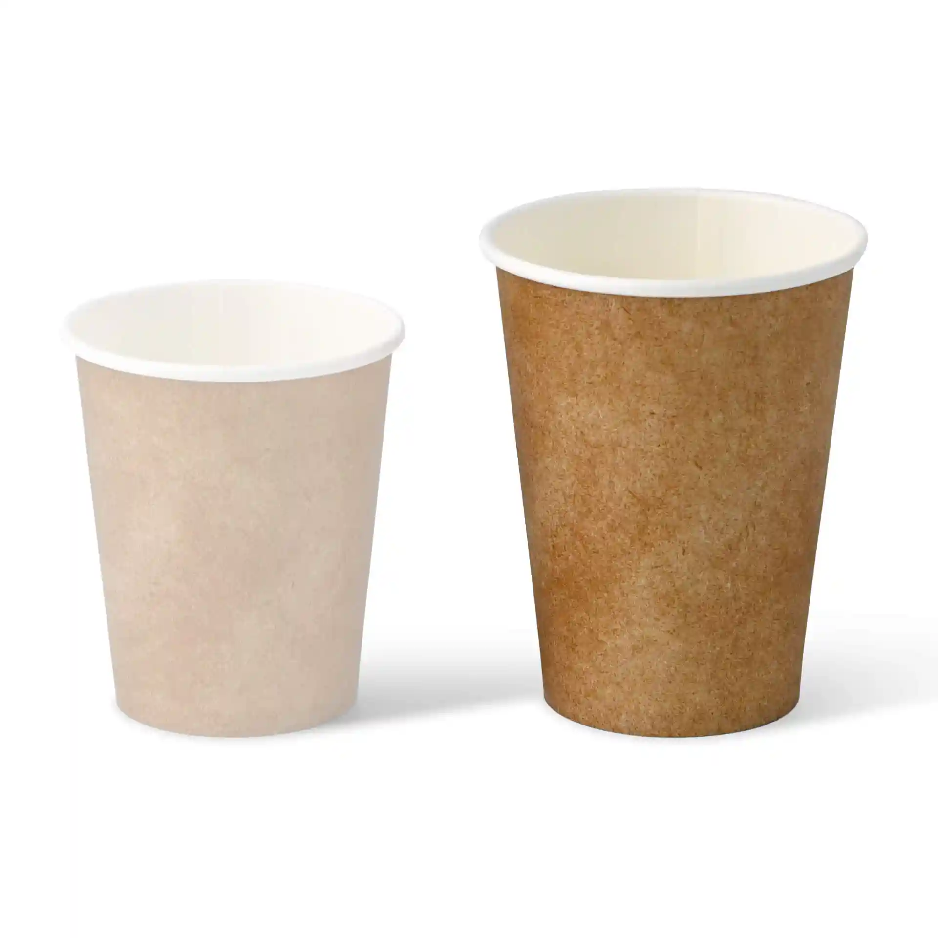 Two paper cups, one brown with a white inner lining and one beige, displayed side by side.