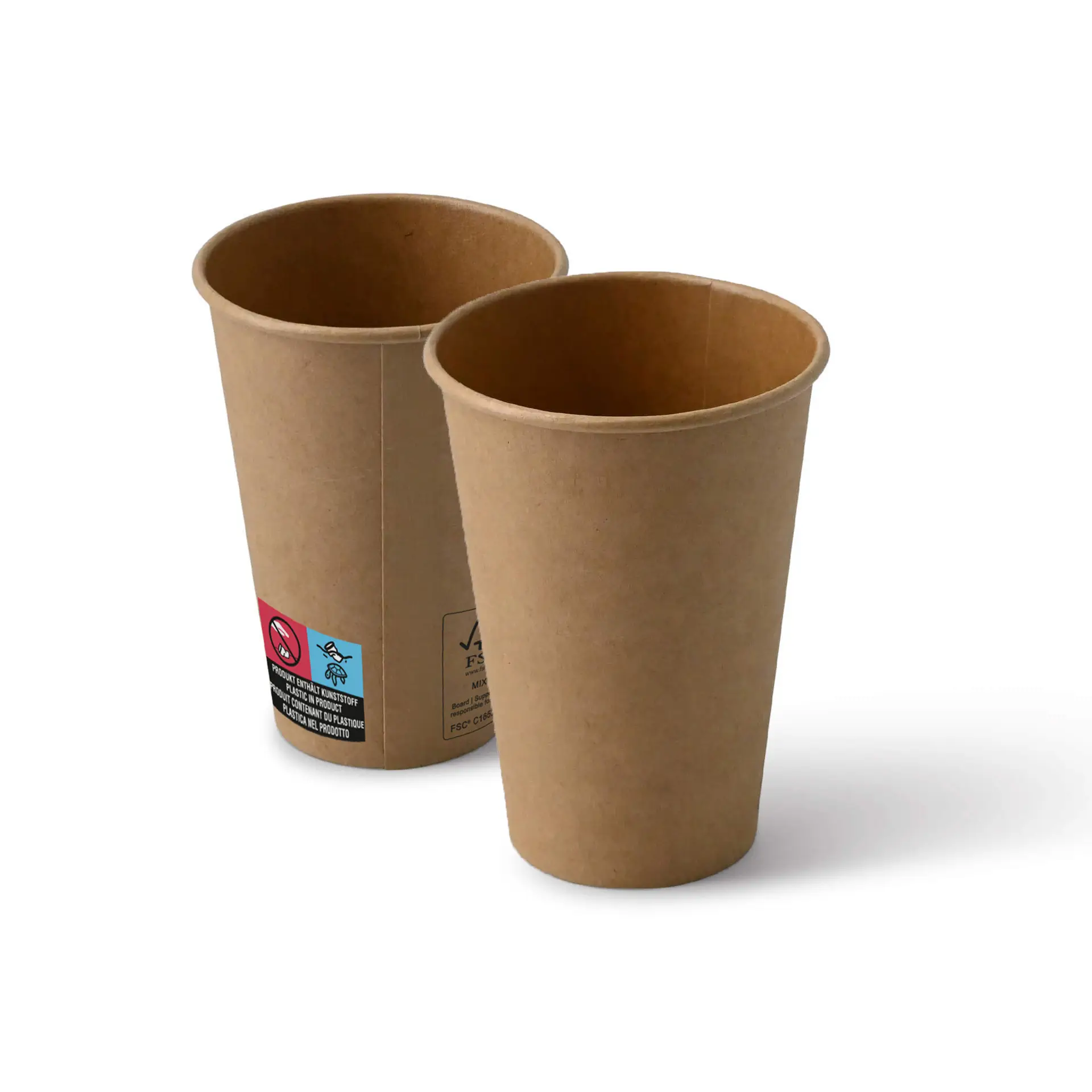 Two 7.5 oz brown vending machine paper cups; one with a visible label and markings, featuring a classic design.