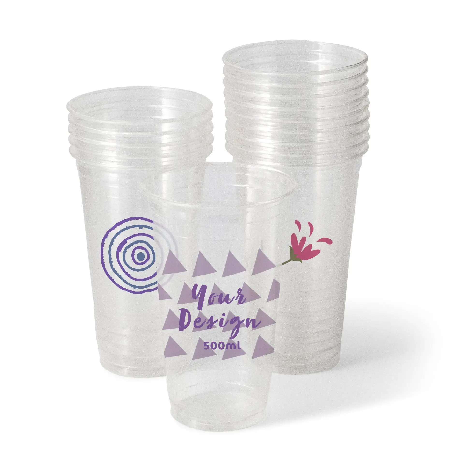 One clear PLA cup with custom designs; several similar cups stacked behind, displaying various patterns and colors.