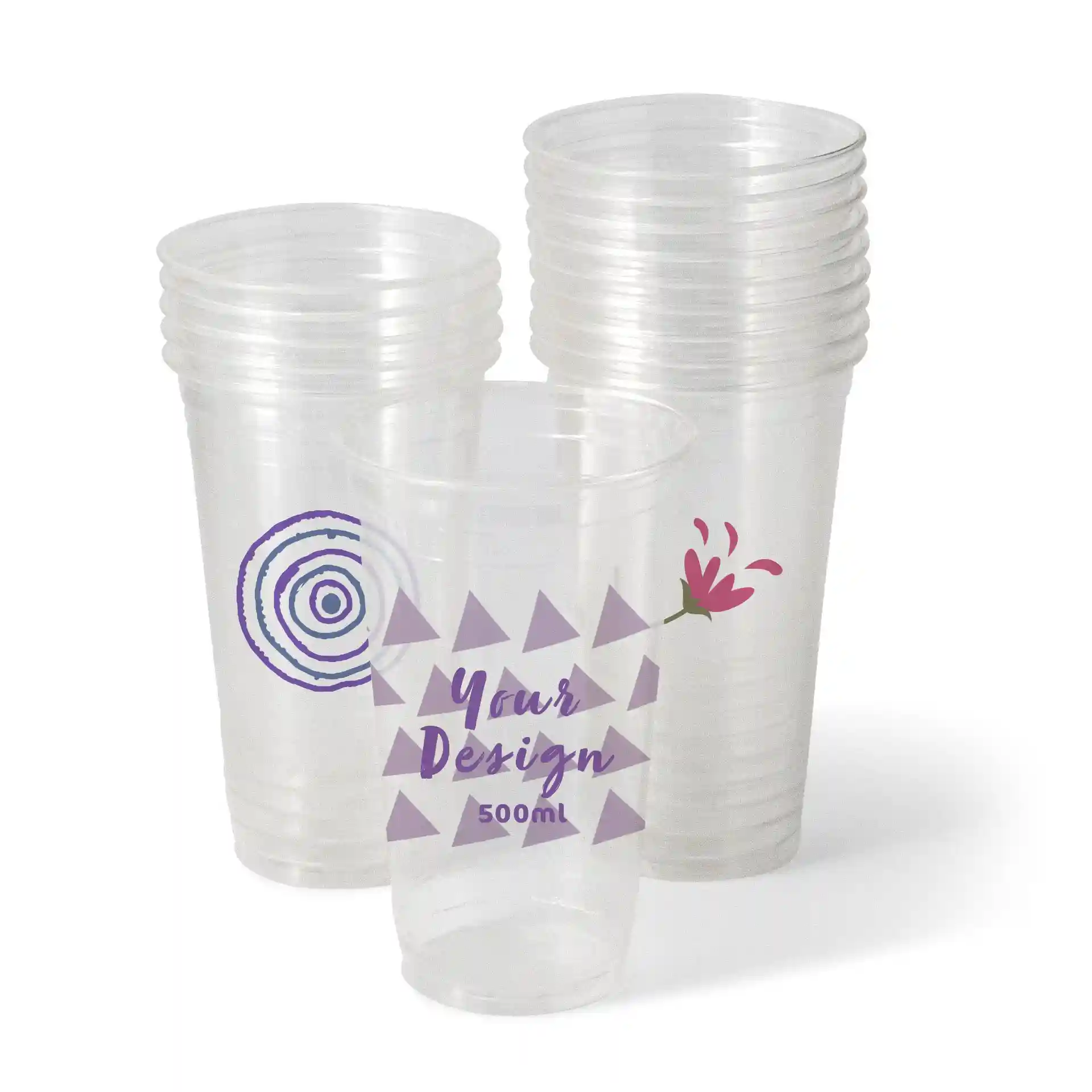 Clear plastic cups with various printed designs, including geometric shapes and floral elements, stacked together.