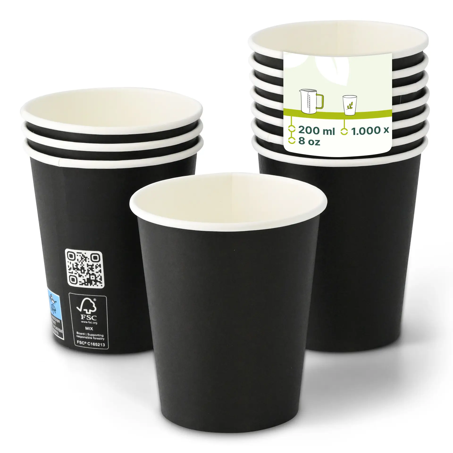 One black paper cup (200 ml / 8 oz) with a PLA coating in focus; several similar cups shown with reduced opacity behind it.