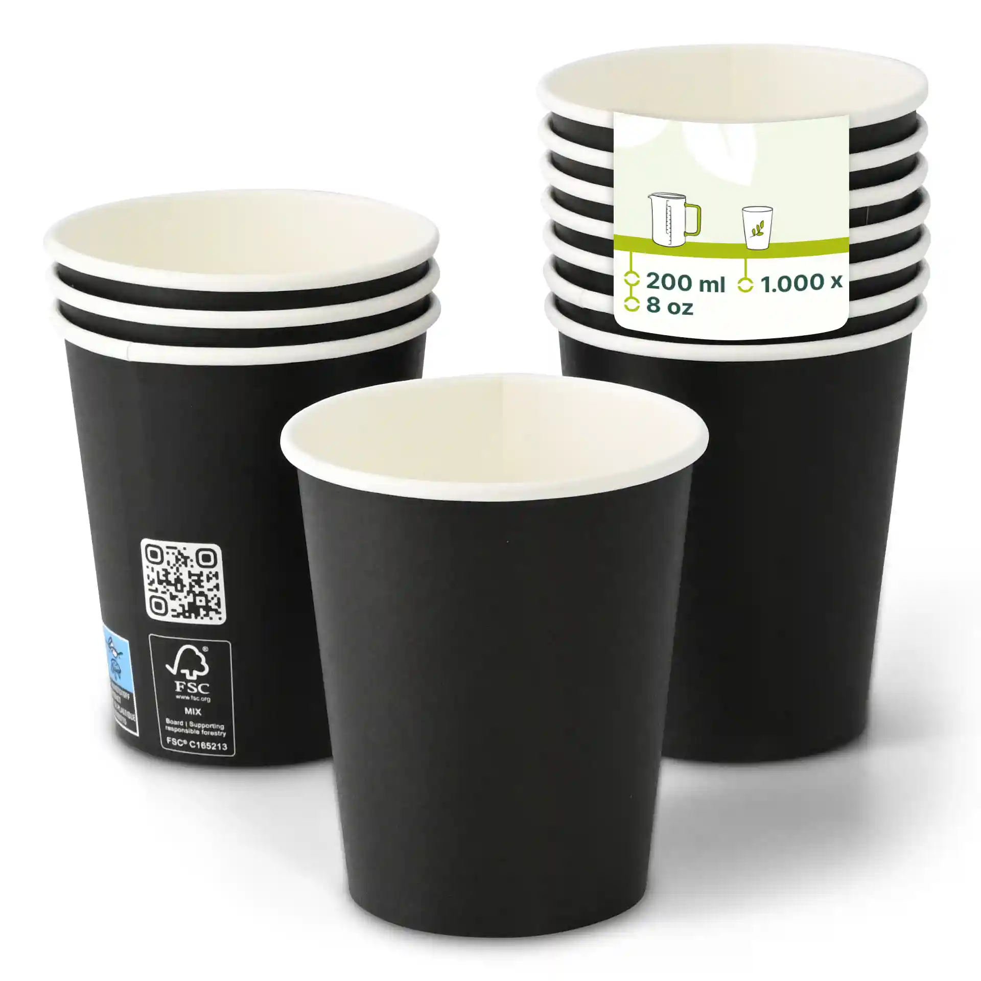 Black paper cups with a PLA-coated interior, 200 ml capacity, single wall, stacked with one cup in front.