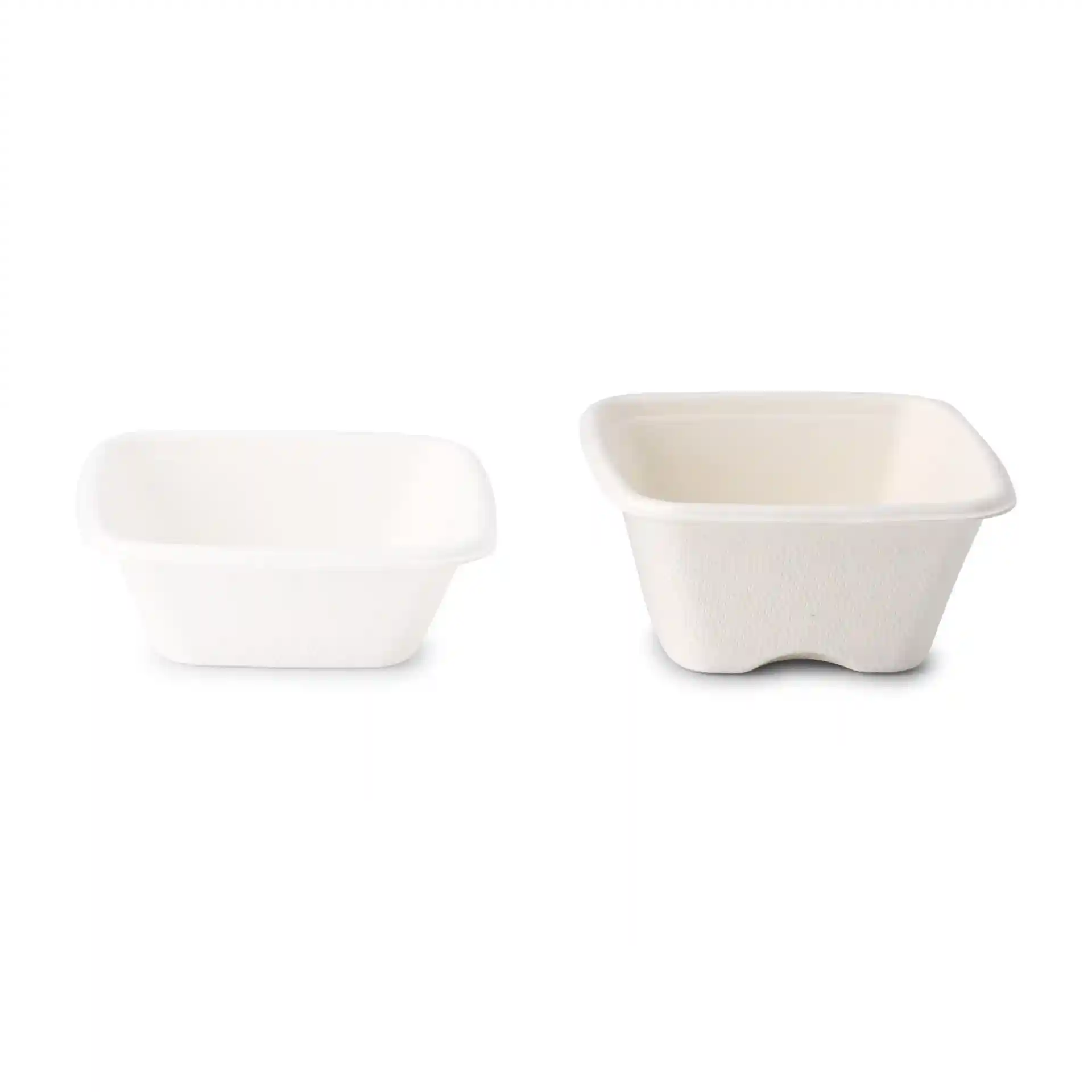 Image of two square white bagasse portion cups, one larger than the other, on a plain background.