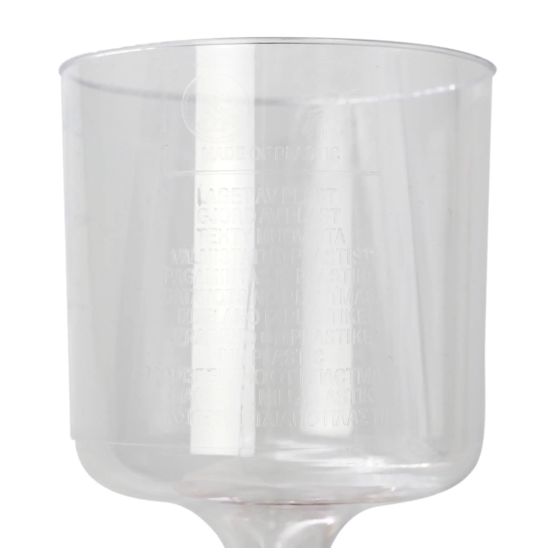 Clear wine glass with a 200 ml capacity, made of durable plastic, suitable for various occasions and dishwasher safe.